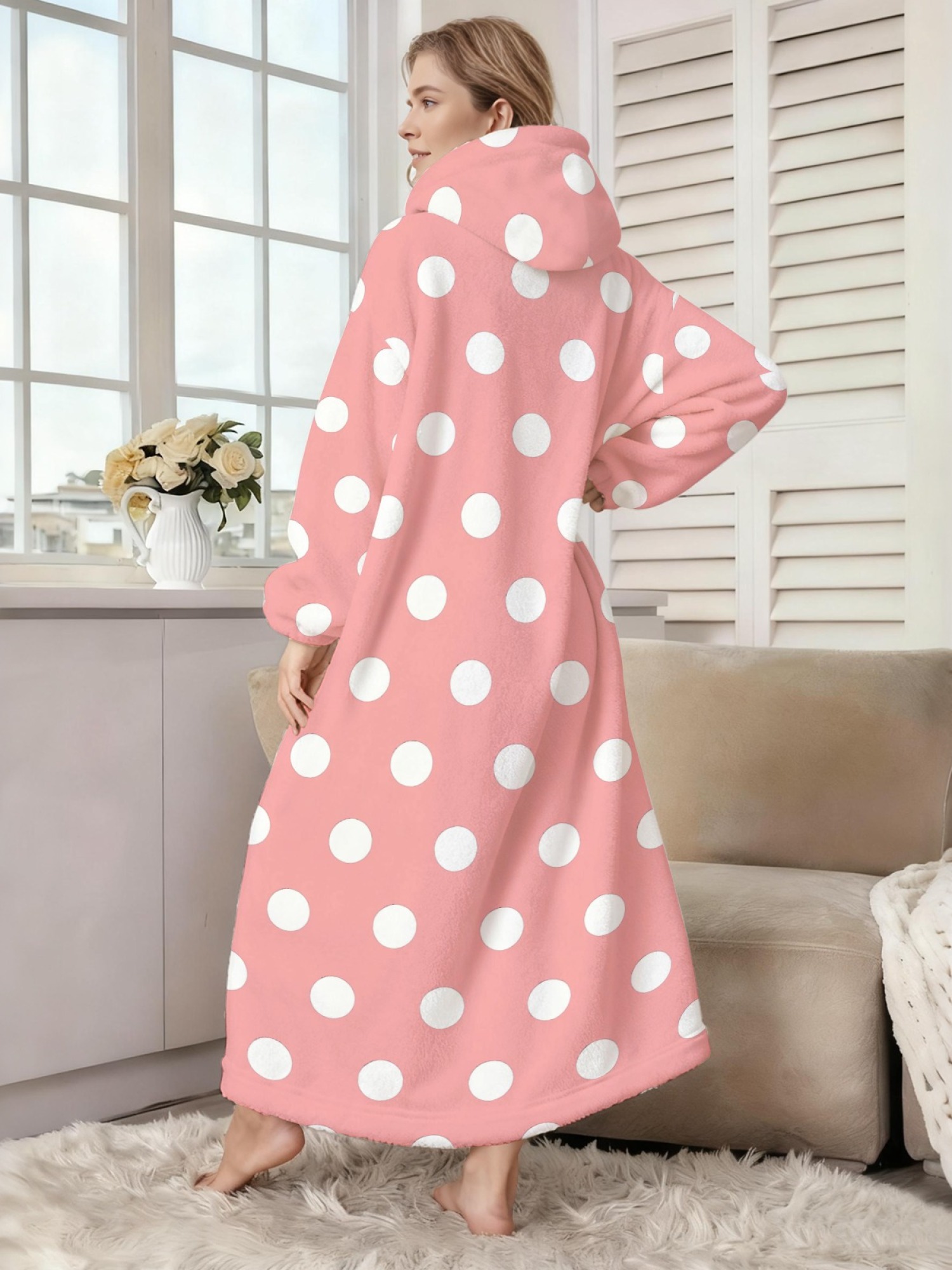 Women's Retro White Polka Dot Printed Flannel Hooded Nightgown - Soft Cozy TV Robe (9 Colors: Pink/Dusty Blue/Light Blue/Pale Blue/Burgundy/Magenta/Green/Grey/Navy)