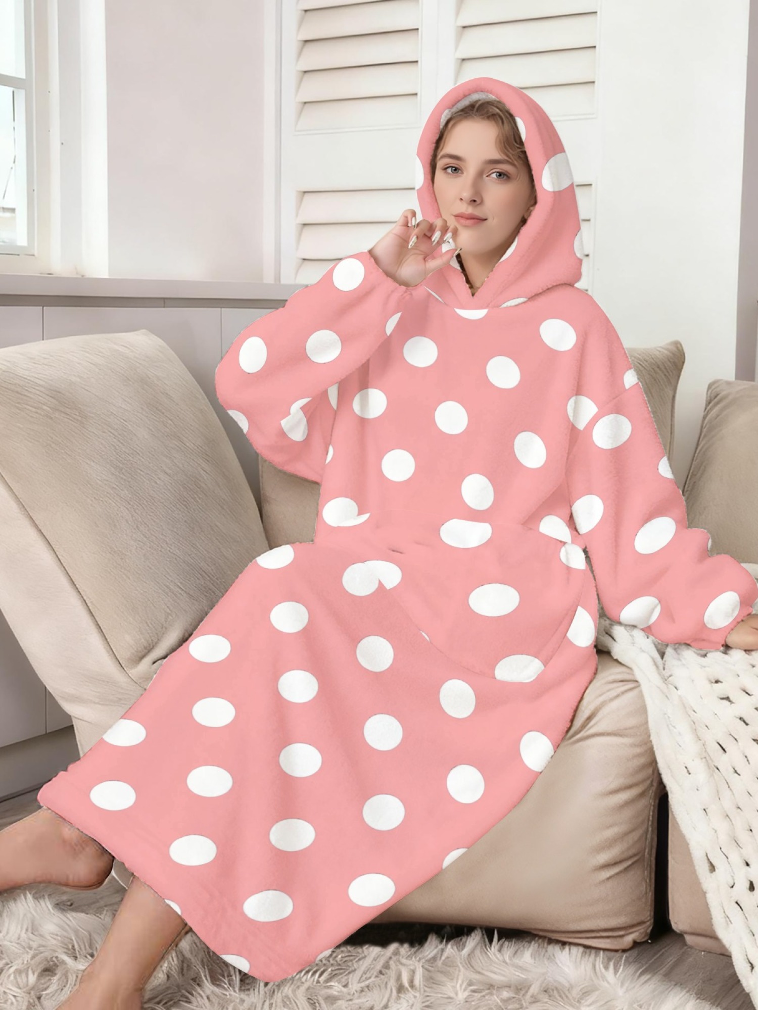 Women's Retro White Polka Dot Printed Flannel Hooded Nightgown - Soft Cozy TV Robe (9 Colors: Pink/Dusty Blue/Light Blue/Pale Blue/Burgundy/Magenta/Green/Grey/Navy)