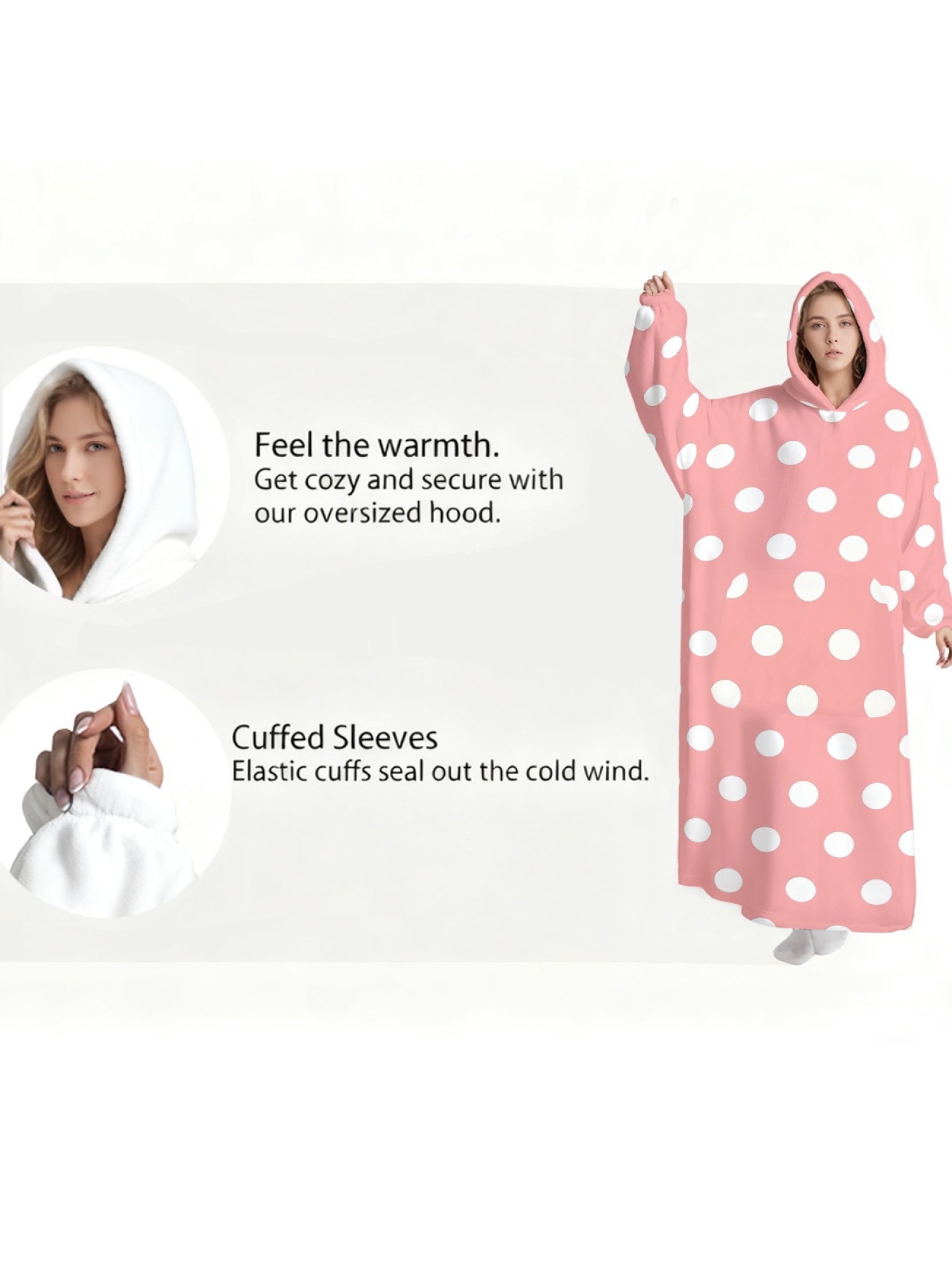 Women's Retro White Polka Dot Printed Flannel Hooded Nightgown - Soft Cozy TV Robe (9 Colors: Pink/Dusty Blue/Light Blue/Pale Blue/Burgundy/Magenta/Green/Grey/Navy)