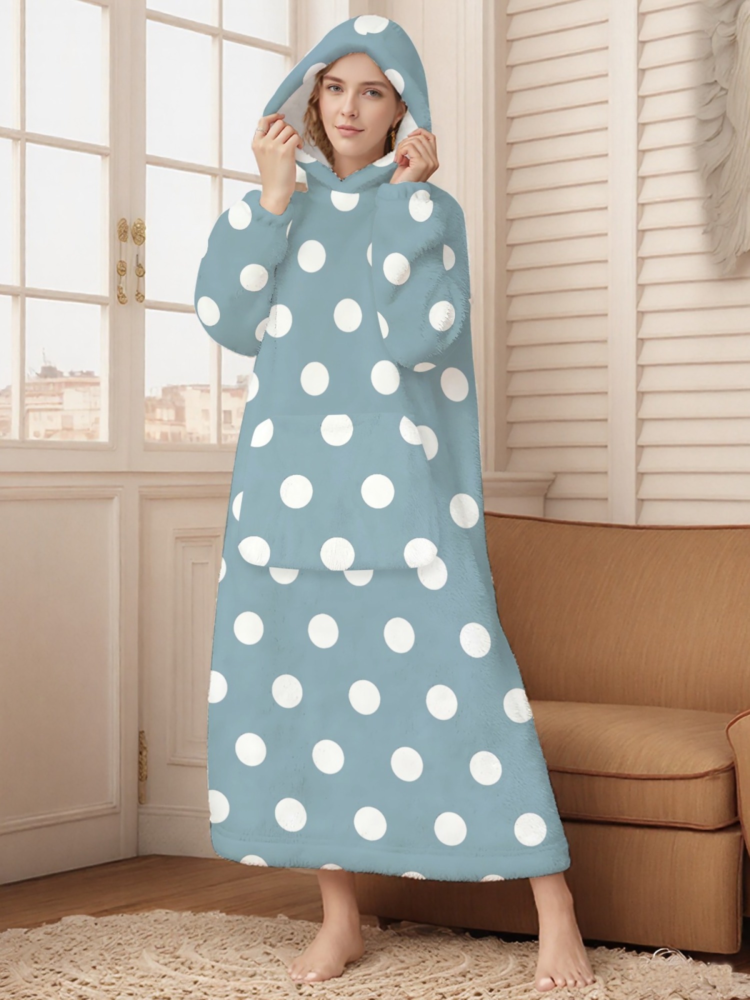 Women's Retro White Polka Dot Printed Flannel Hooded Nightgown - Soft Cozy TV Robe (9 Colors: Pink/Dusty Blue/Light Blue/Pale Blue/Burgundy/Magenta/Green/Grey/Navy)