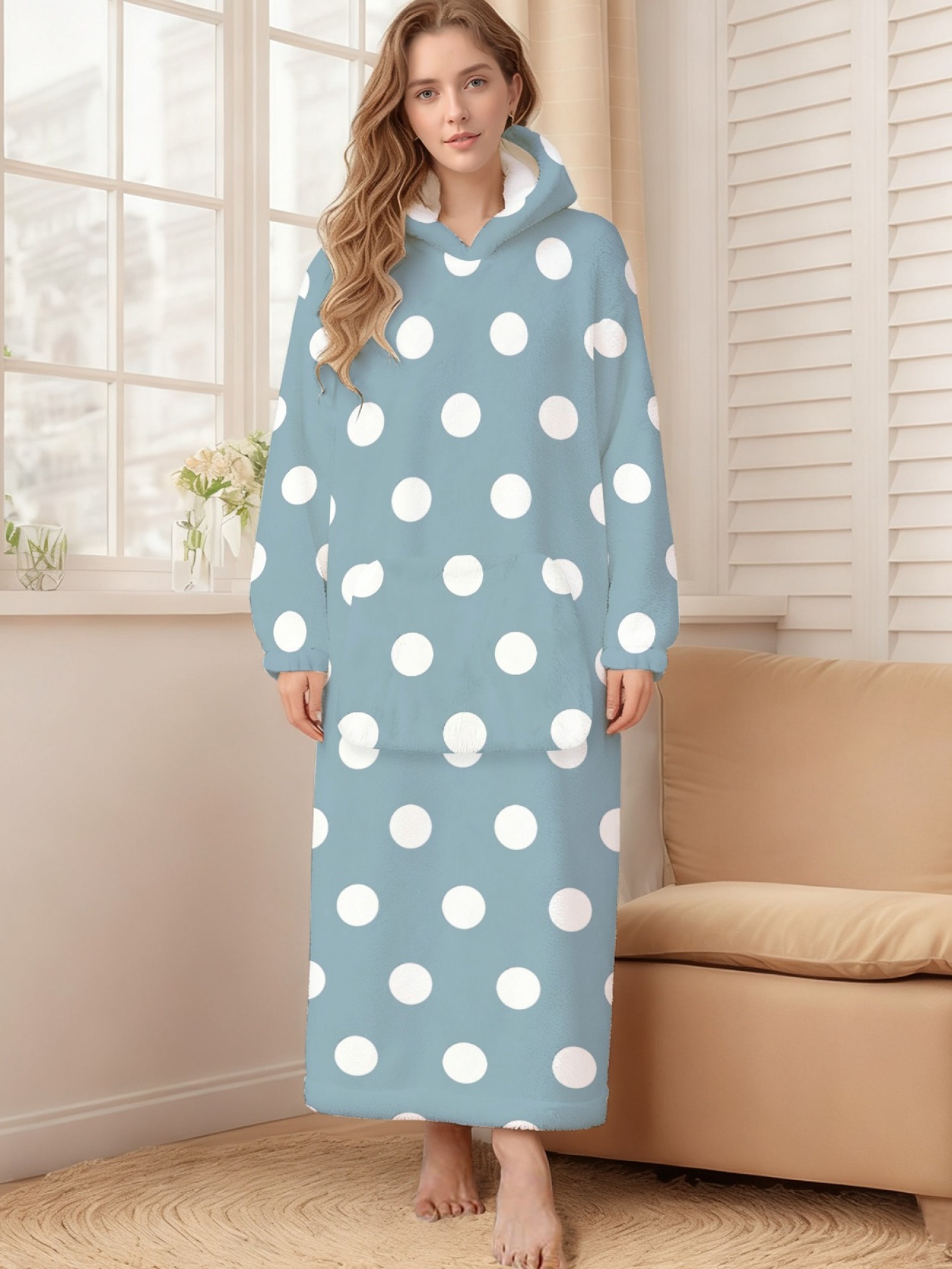 Women's Retro White Polka Dot Printed Flannel Hooded Nightgown - Soft Cozy TV Robe (9 Colors: Pink/Dusty Blue/Light Blue/Pale Blue/Burgundy/Magenta/Green/Grey/Navy)