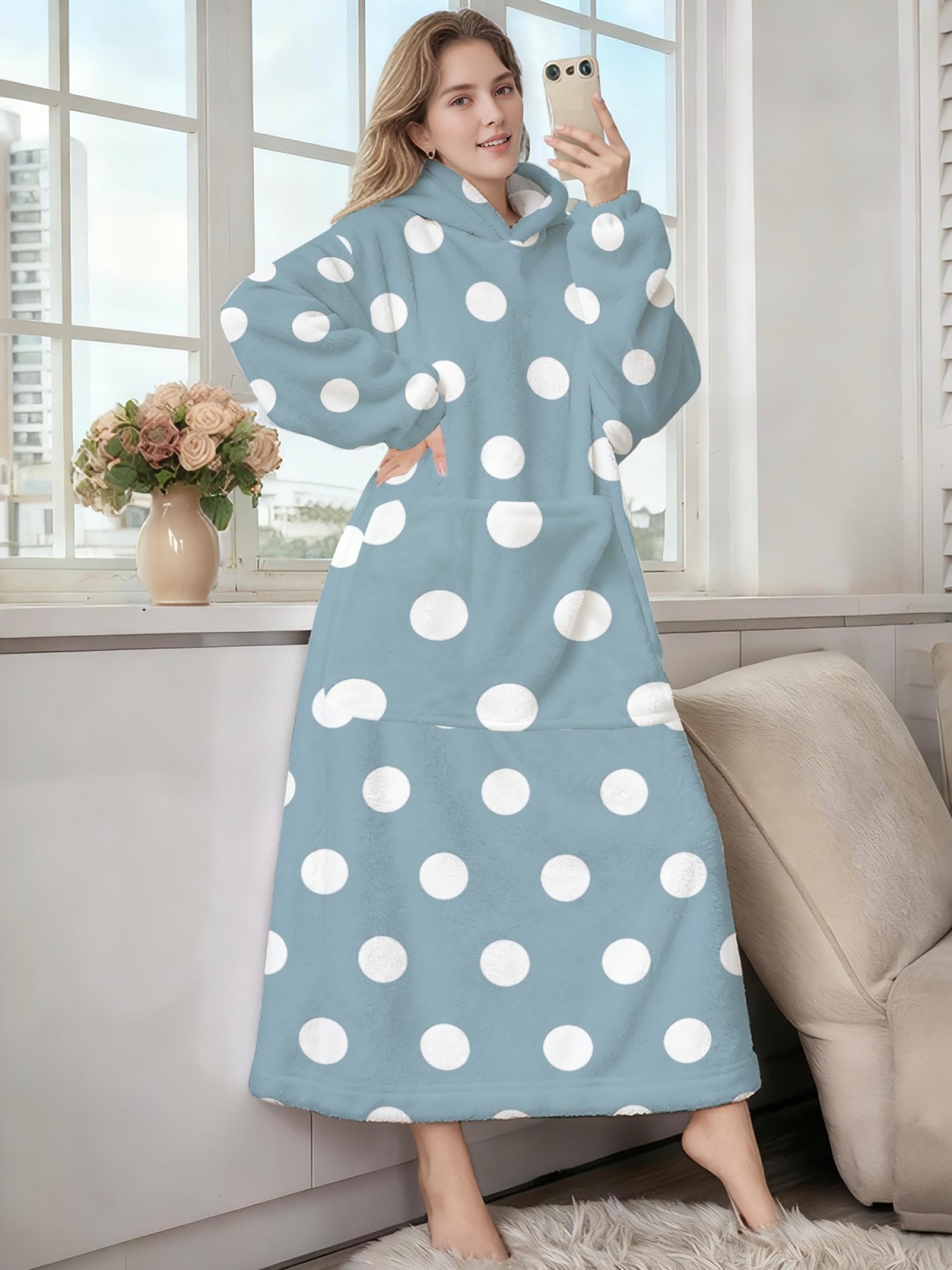 Women's Retro White Polka Dot Printed Flannel Hooded Nightgown - Soft Cozy TV Robe (9 Colors: Pink/Dusty Blue/Light Blue/Pale Blue/Burgundy/Magenta/Green/Grey/Navy)