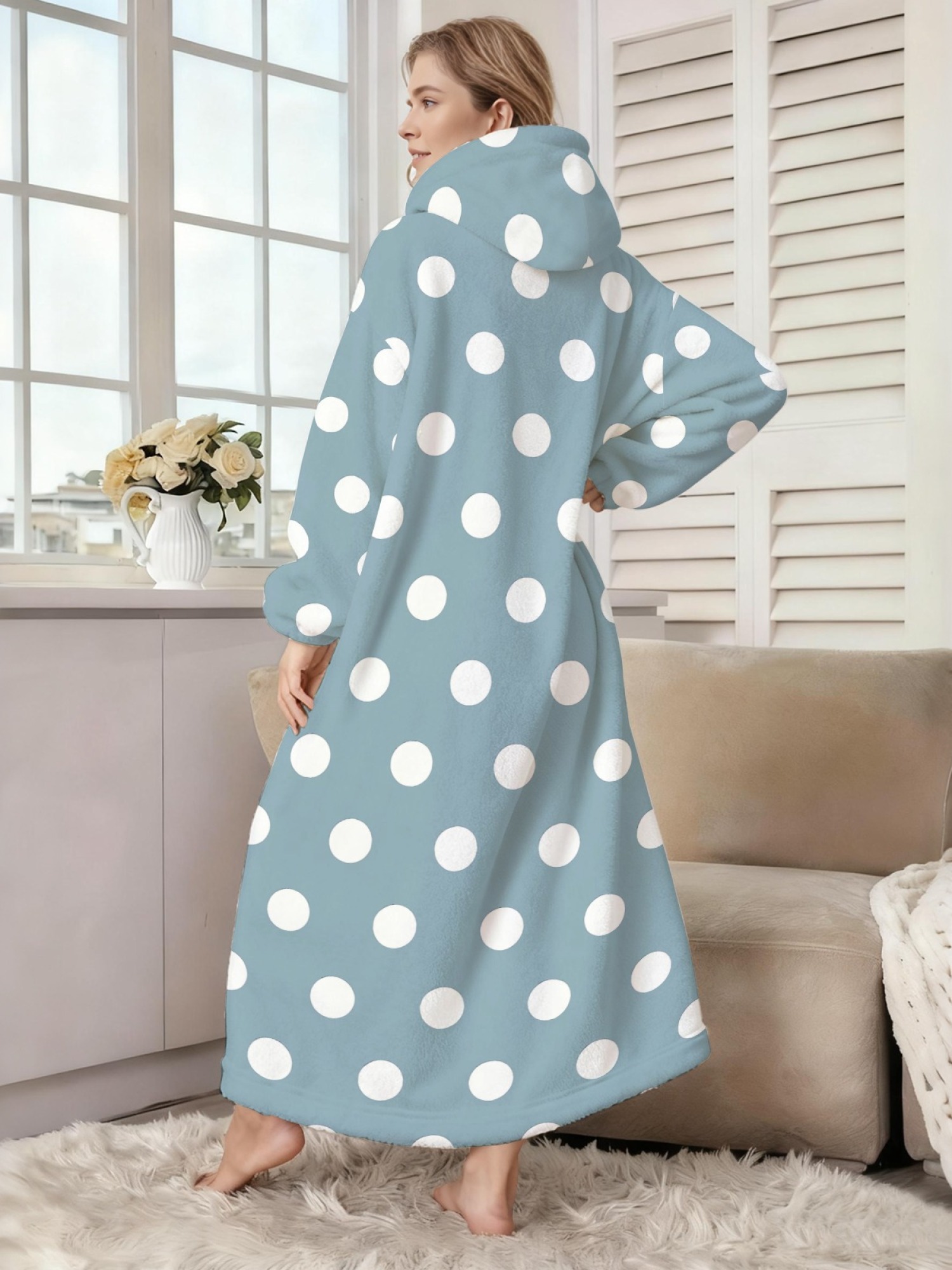 Women's Retro White Polka Dot Printed Flannel Hooded Nightgown - Soft Cozy TV Robe (9 Colors: Pink/Dusty Blue/Light Blue/Pale Blue/Burgundy/Magenta/Green/Grey/Navy)