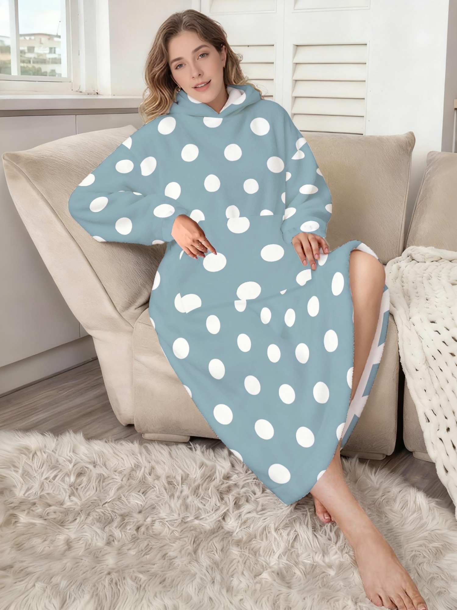 Women's Retro White Polka Dot Printed Flannel Hooded Nightgown - Soft Cozy TV Robe (9 Colors: Pink/Dusty Blue/Light Blue/Pale Blue/Burgundy/Magenta/Green/Grey/Navy)
