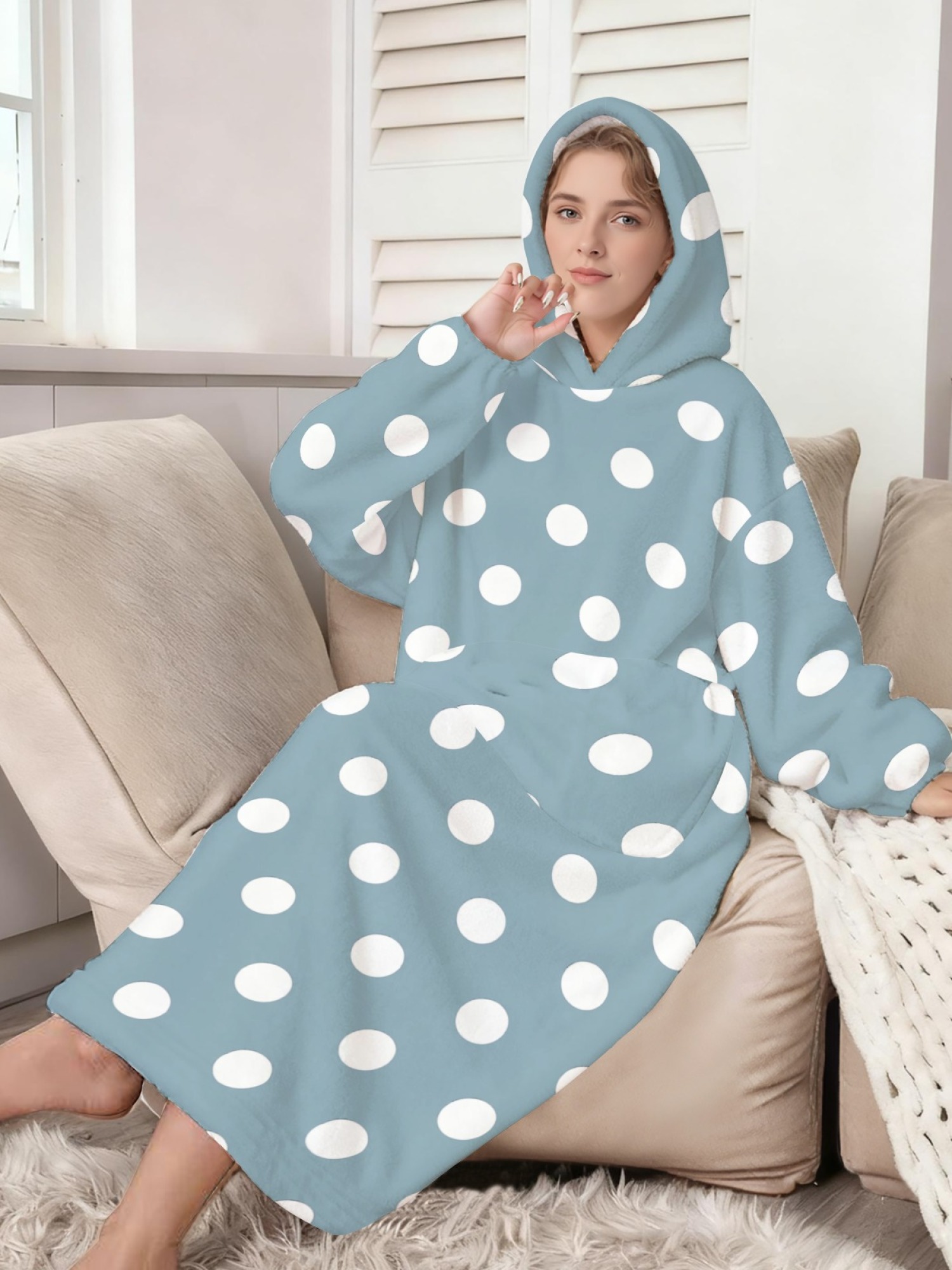 Women's Retro White Polka Dot Printed Flannel Hooded Nightgown - Soft Cozy TV Robe (9 Colors: Pink/Dusty Blue/Light Blue/Pale Blue/Burgundy/Magenta/Green/Grey/Navy)