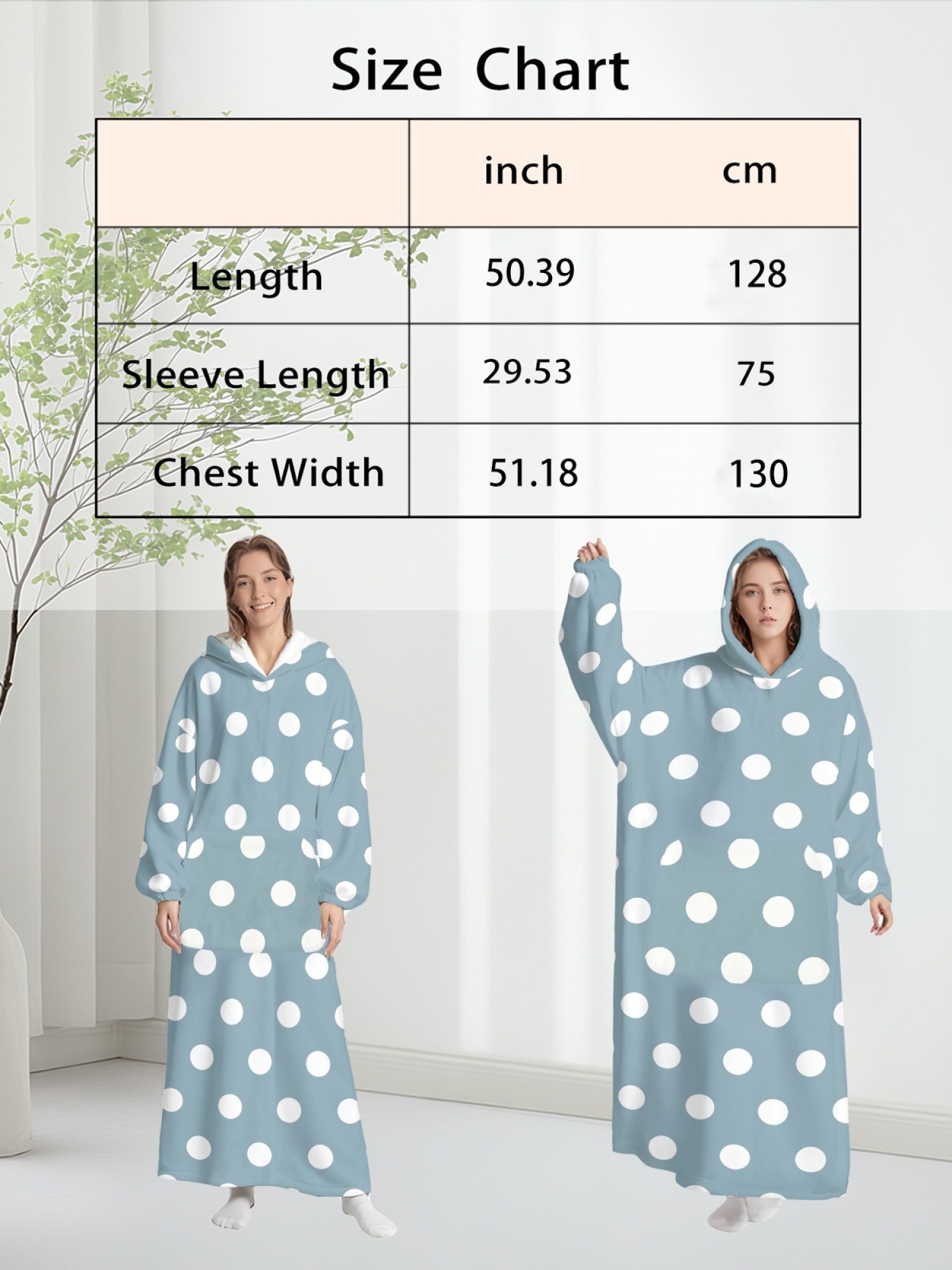 Women's Retro White Polka Dot Printed Flannel Hooded Nightgown - Soft Cozy TV Robe (9 Colors: Pink/Dusty Blue/Light Blue/Pale Blue/Burgundy/Magenta/Green/Grey/Navy)