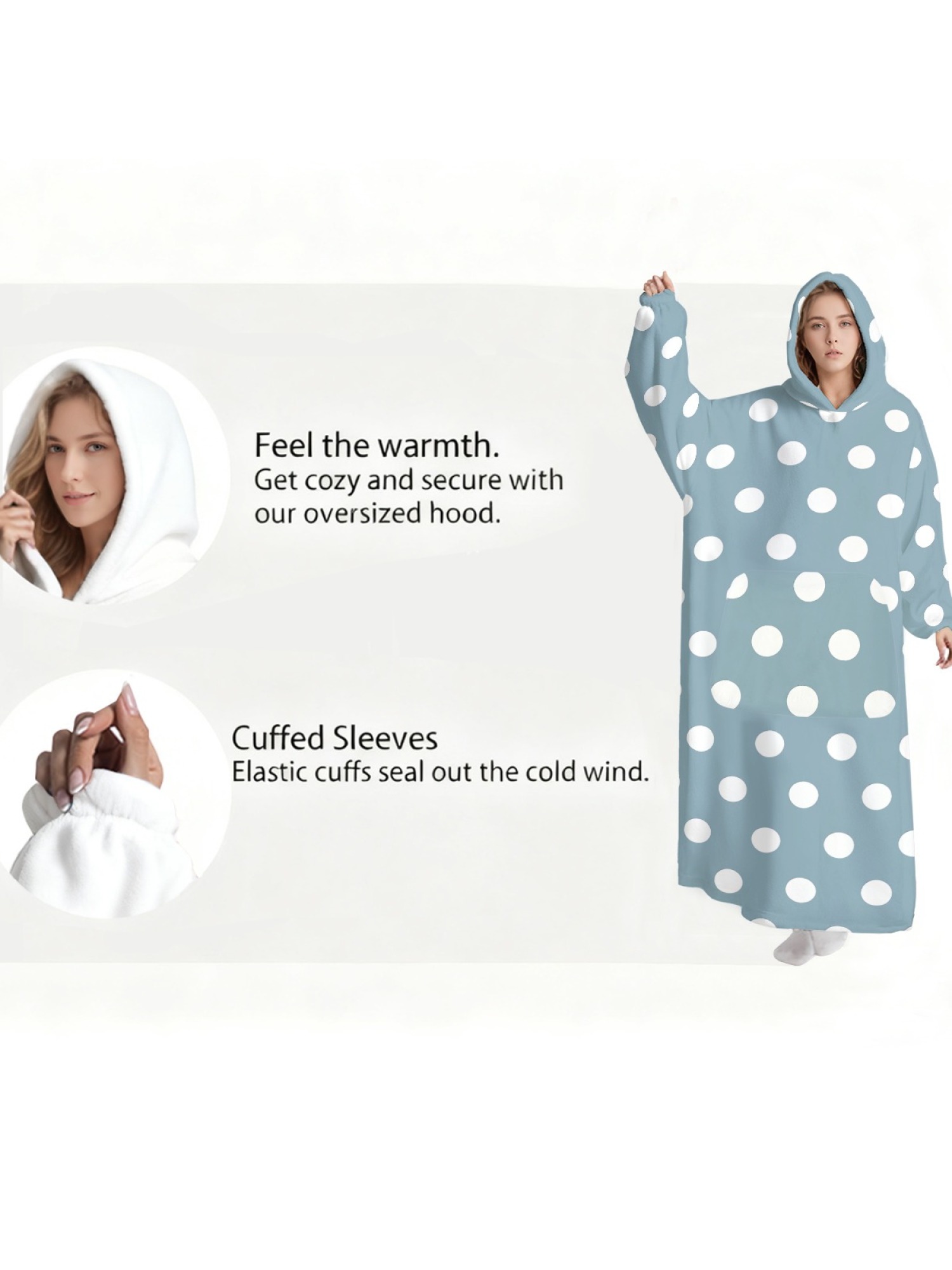 Women's Retro White Polka Dot Printed Flannel Hooded Nightgown - Soft Cozy TV Robe (9 Colors: Pink/Dusty Blue/Light Blue/Pale Blue/Burgundy/Magenta/Green/Grey/Navy)