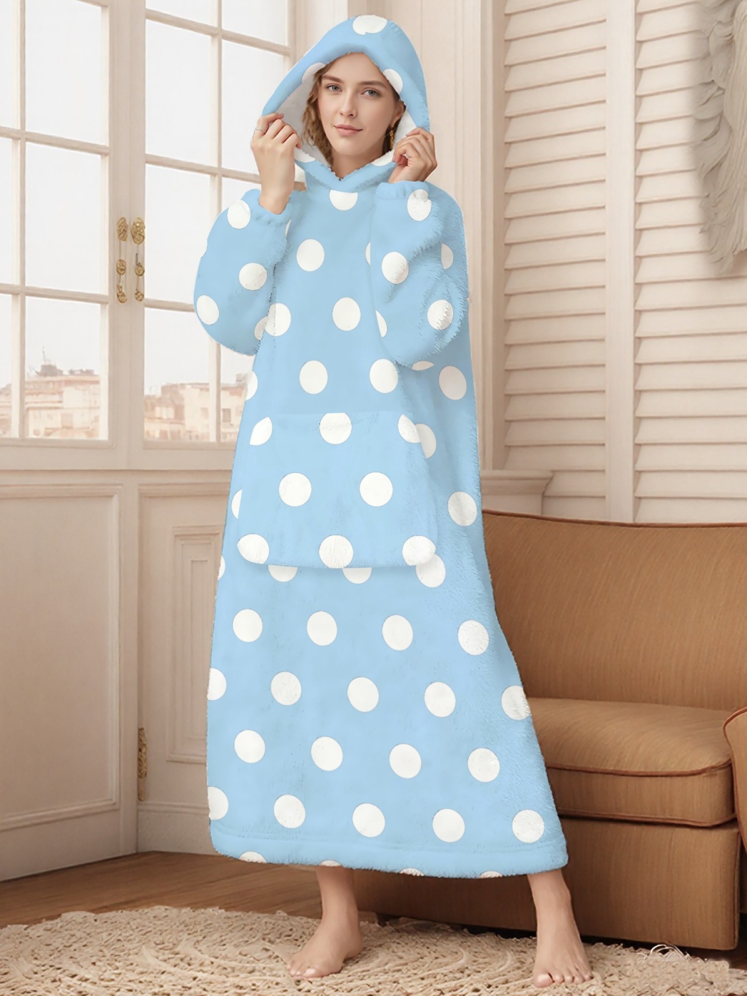 Women's Retro White Polka Dot Printed Flannel Hooded Nightgown - Soft Cozy TV Robe (9 Colors: Pink/Dusty Blue/Light Blue/Pale Blue/Burgundy/Magenta/Green/Grey/Navy)