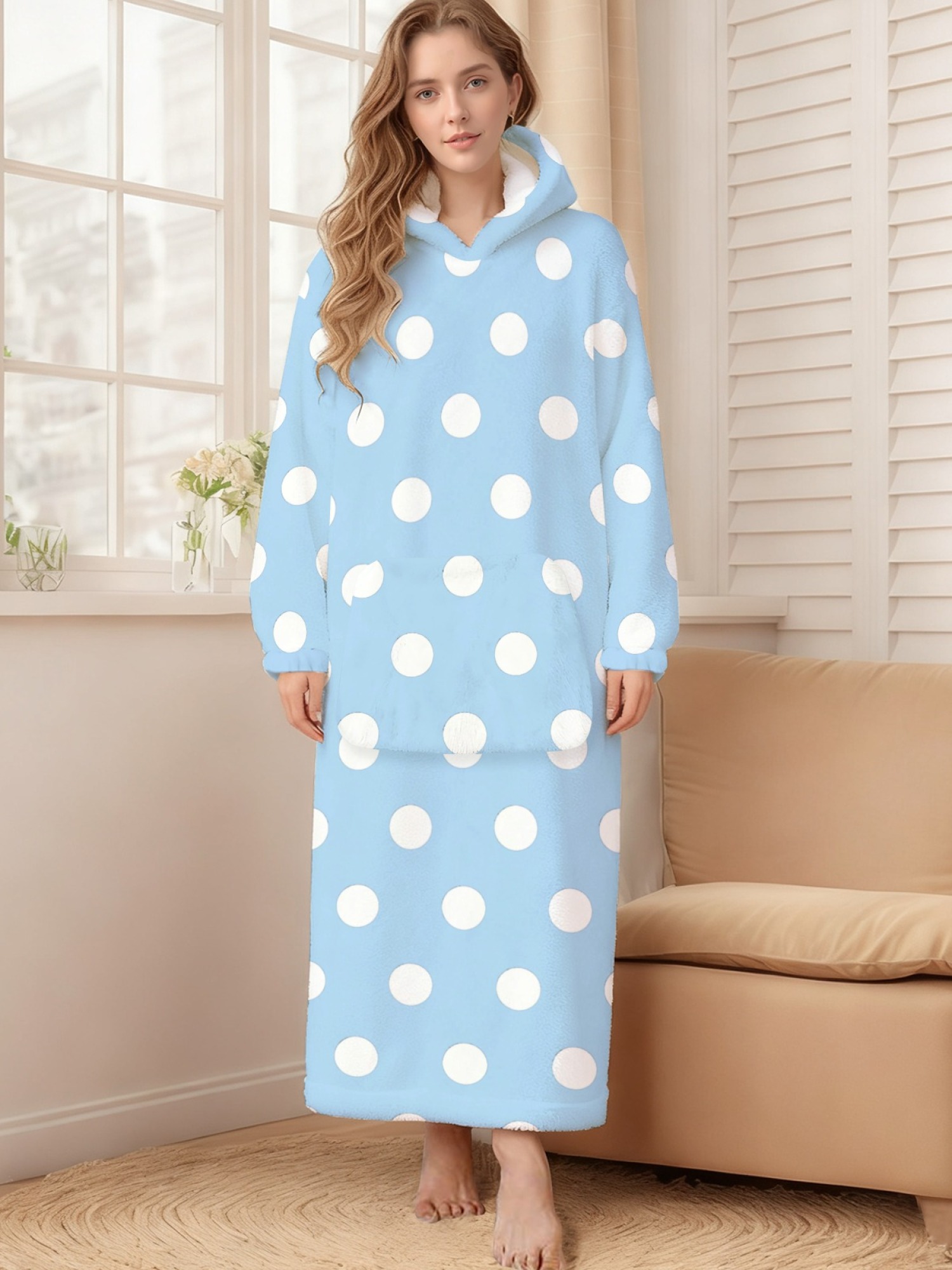 Women's Retro White Polka Dot Printed Flannel Hooded Nightgown - Soft Cozy TV Robe (9 Colors: Pink/Dusty Blue/Light Blue/Pale Blue/Burgundy/Magenta/Green/Grey/Navy)