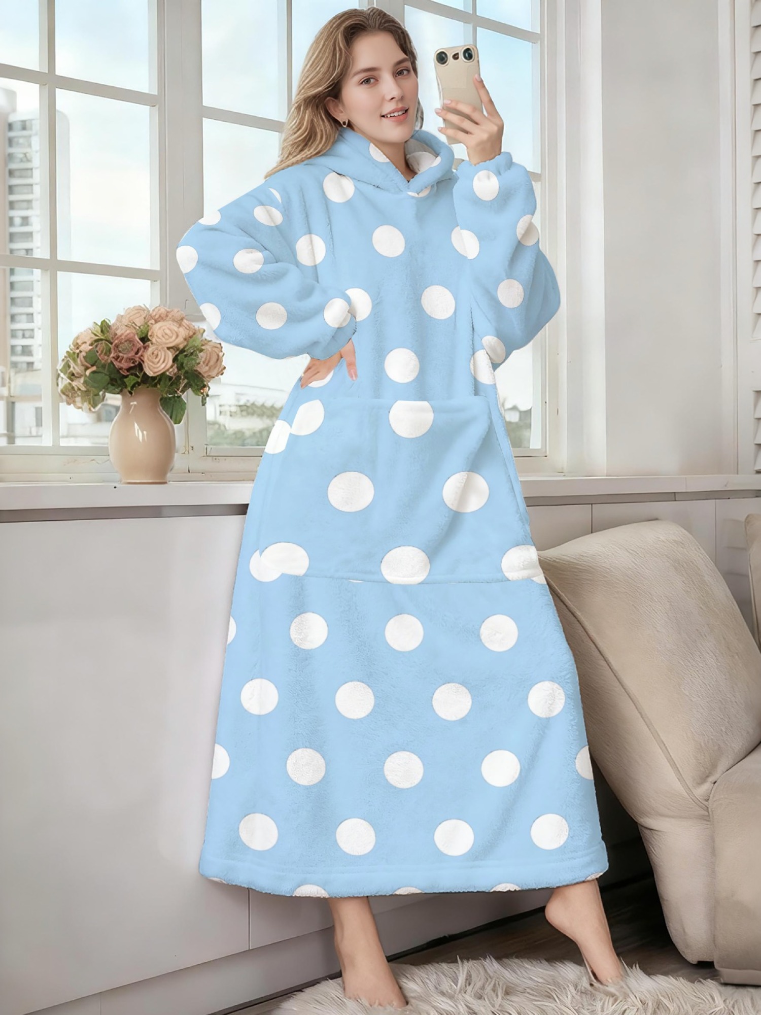 Women's Retro White Polka Dot Printed Flannel Hooded Nightgown - Soft Cozy TV Robe (9 Colors: Pink/Dusty Blue/Light Blue/Pale Blue/Burgundy/Magenta/Green/Grey/Navy)
