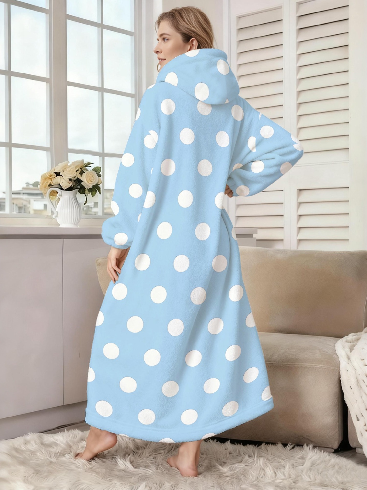 Women's Retro White Polka Dot Printed Flannel Hooded Nightgown - Soft Cozy TV Robe (9 Colors: Pink/Dusty Blue/Light Blue/Pale Blue/Burgundy/Magenta/Green/Grey/Navy)