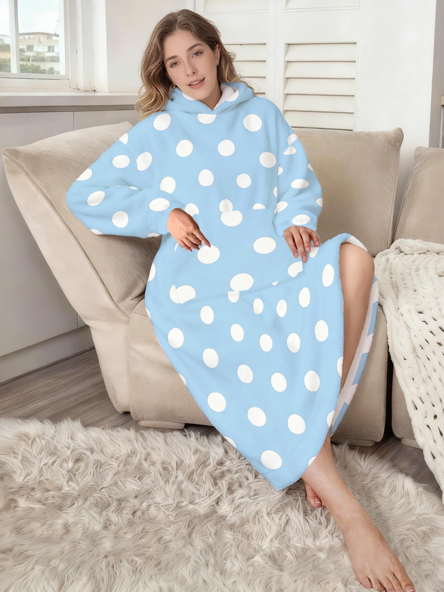 Women's Retro White Polka Dot Printed Flannel Hooded Nightgown - Soft Cozy TV Robe (9 Colors: Pink/Dusty Blue/Light Blue/Pale Blue/Burgundy/Magenta/Green/Grey/Navy)