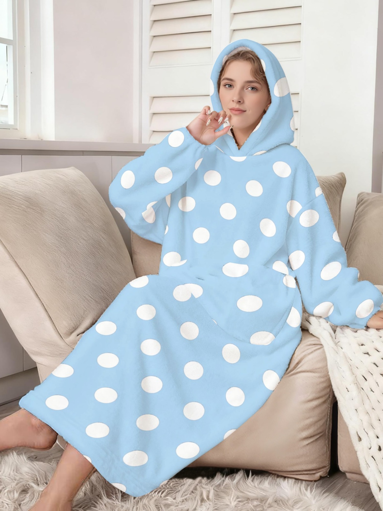 Women's Retro White Polka Dot Printed Flannel Hooded Nightgown - Soft Cozy TV Robe (9 Colors: Pink/Dusty Blue/Light Blue/Pale Blue/Burgundy/Magenta/Green/Grey/Navy)