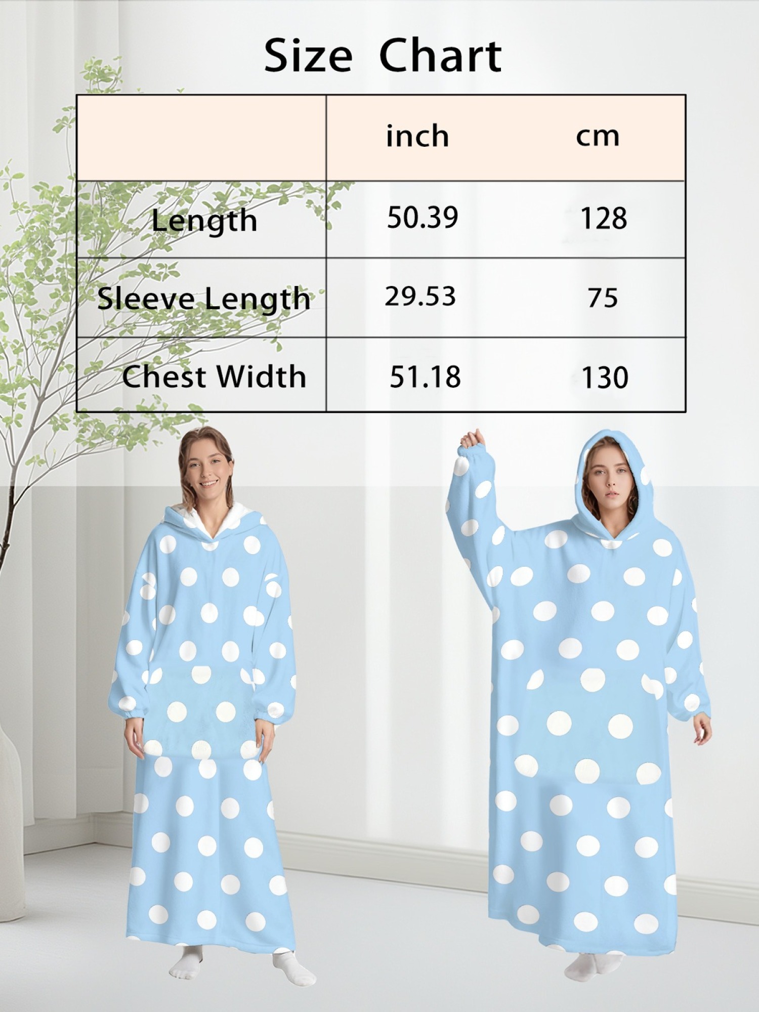 Women's Retro White Polka Dot Printed Flannel Hooded Nightgown - Soft Cozy TV Robe (9 Colors: Pink/Dusty Blue/Light Blue/Pale Blue/Burgundy/Magenta/Green/Grey/Navy)