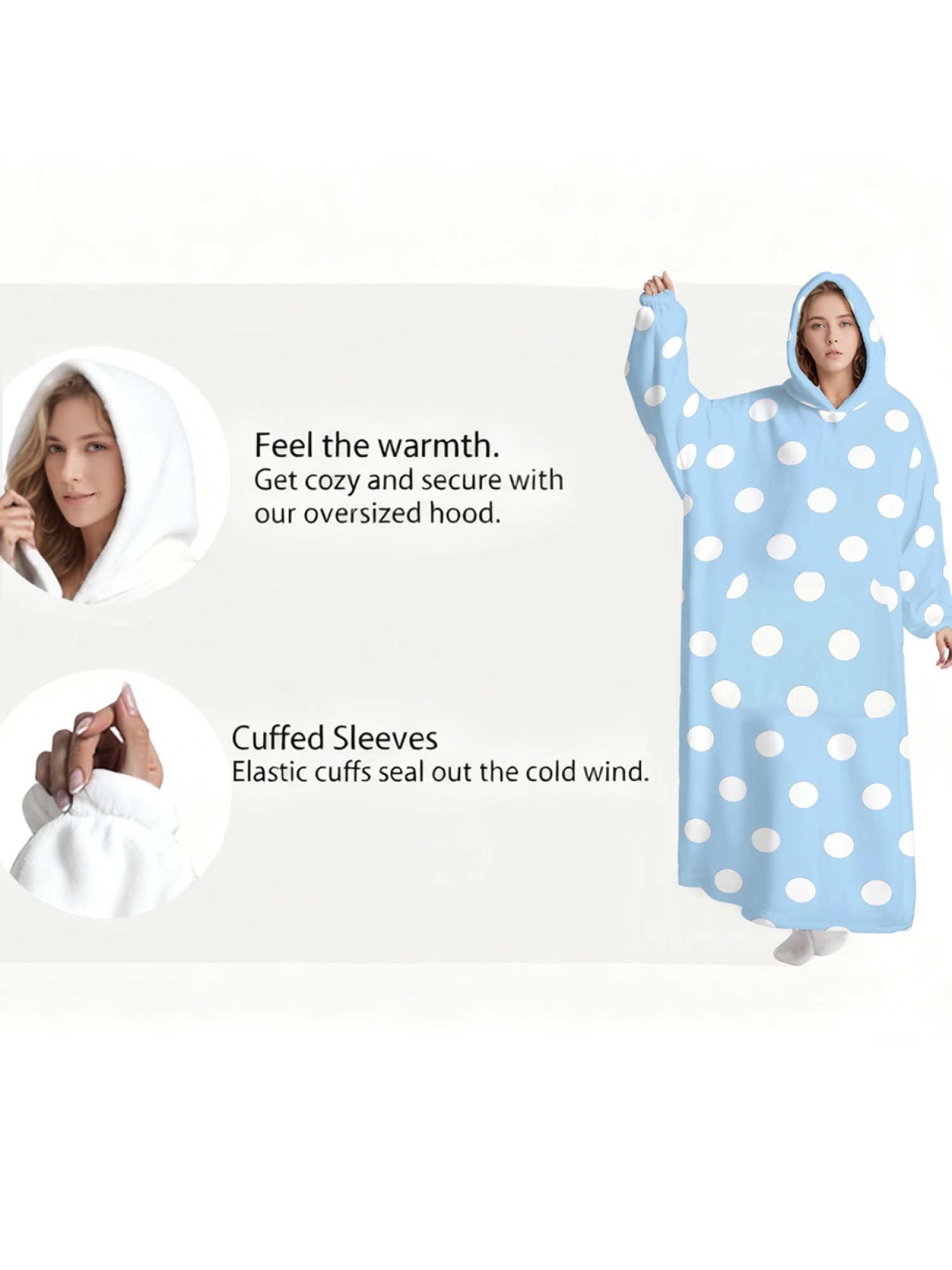 Women's Retro White Polka Dot Printed Flannel Hooded Nightgown - Soft Cozy TV Robe (9 Colors: Pink/Dusty Blue/Light Blue/Pale Blue/Burgundy/Magenta/Green/Grey/Navy)