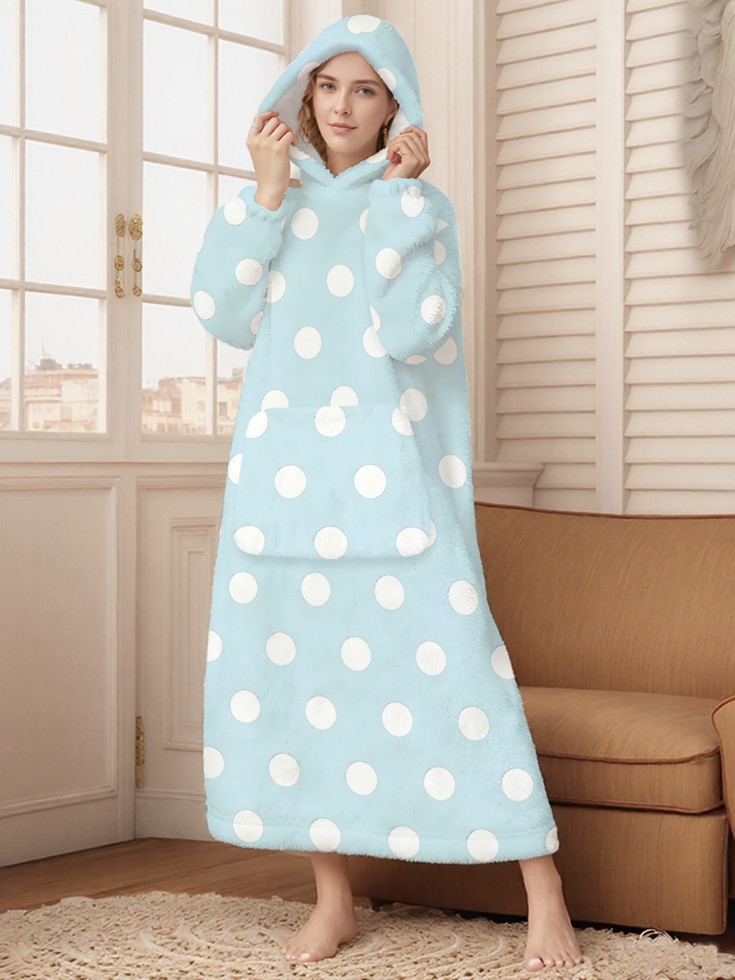 Women's Retro White Polka Dot Printed Flannel Hooded Nightgown - Soft Cozy TV Robe (9 Colors: Pink/Dusty Blue/Light Blue/Pale Blue/Burgundy/Magenta/Green/Grey/Navy)