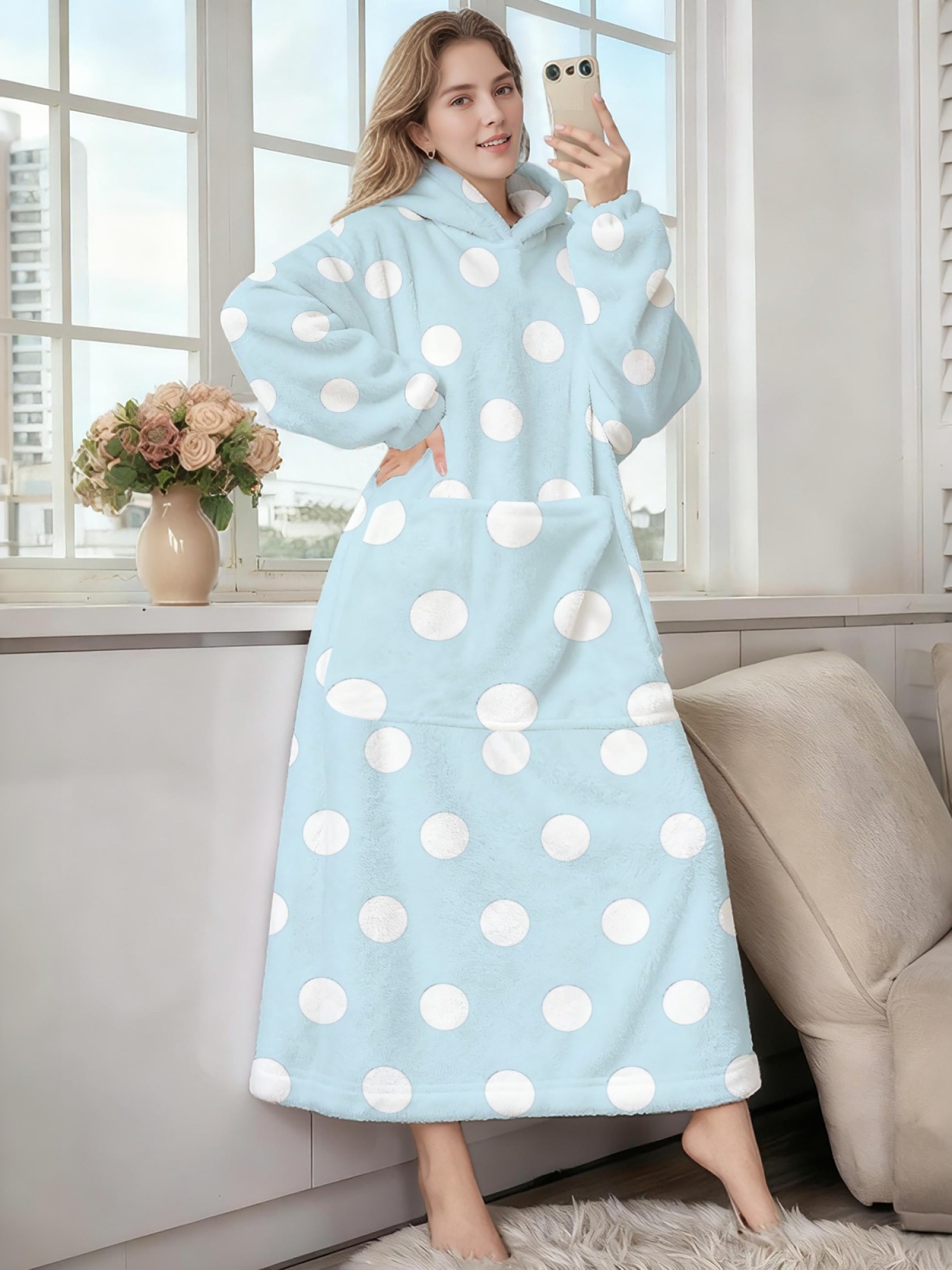 Women's Retro White Polka Dot Printed Flannel Hooded Nightgown - Soft Cozy TV Robe (9 Colors: Pink/Dusty Blue/Light Blue/Pale Blue/Burgundy/Magenta/Green/Grey/Navy)
