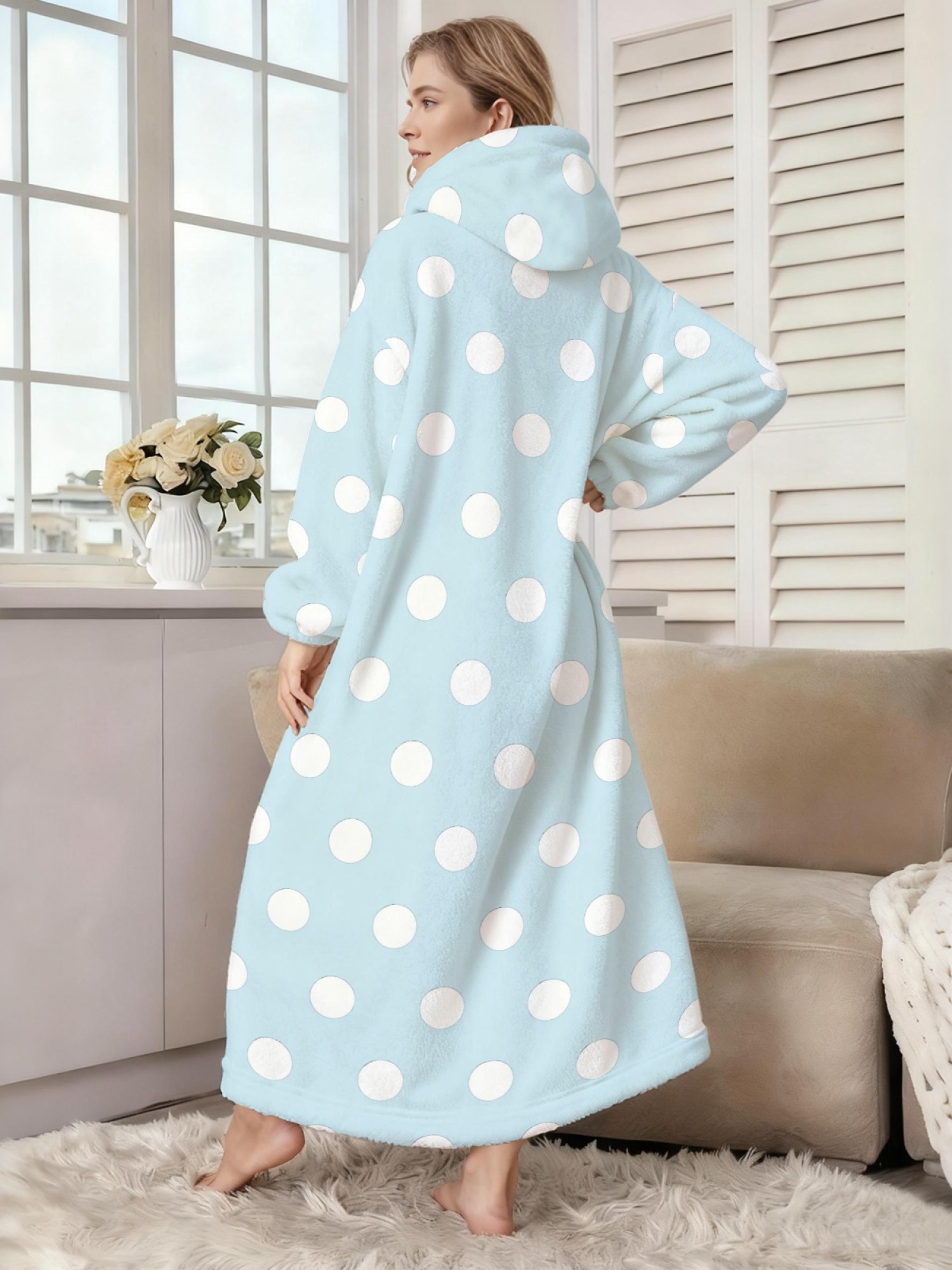 Women's Retro White Polka Dot Printed Flannel Hooded Nightgown - Soft Cozy TV Robe (9 Colors: Pink/Dusty Blue/Light Blue/Pale Blue/Burgundy/Magenta/Green/Grey/Navy)