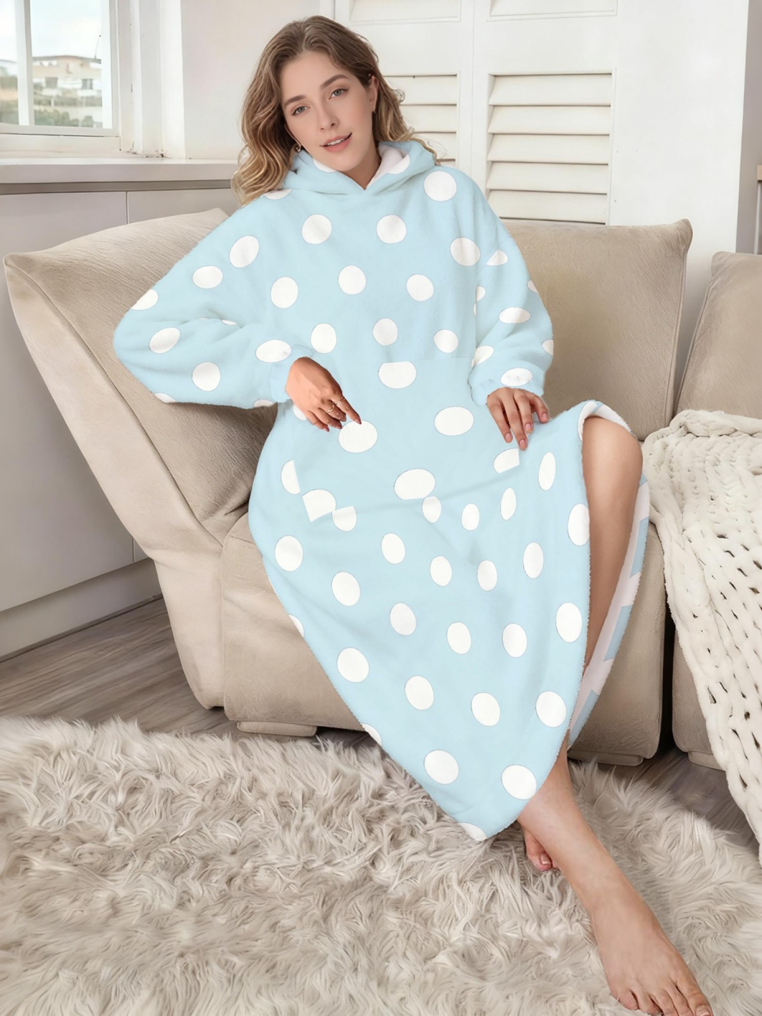 Women's Retro White Polka Dot Printed Flannel Hooded Nightgown - Soft Cozy TV Robe (9 Colors: Pink/Dusty Blue/Light Blue/Pale Blue/Burgundy/Magenta/Green/Grey/Navy)
