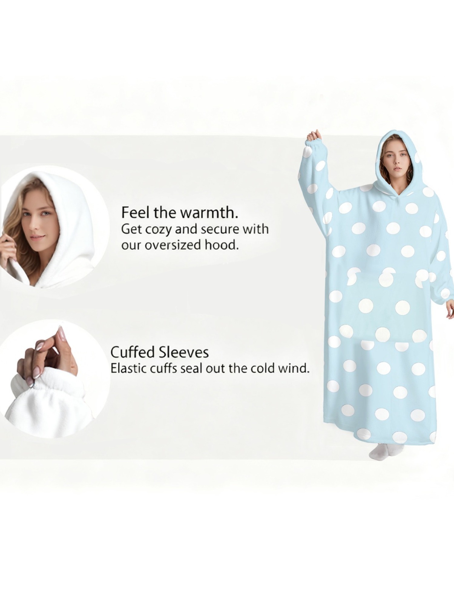Women's Retro White Polka Dot Printed Flannel Hooded Nightgown - Soft Cozy TV Robe (9 Colors: Pink/Dusty Blue/Light Blue/Pale Blue/Burgundy/Magenta/Green/Grey/Navy)