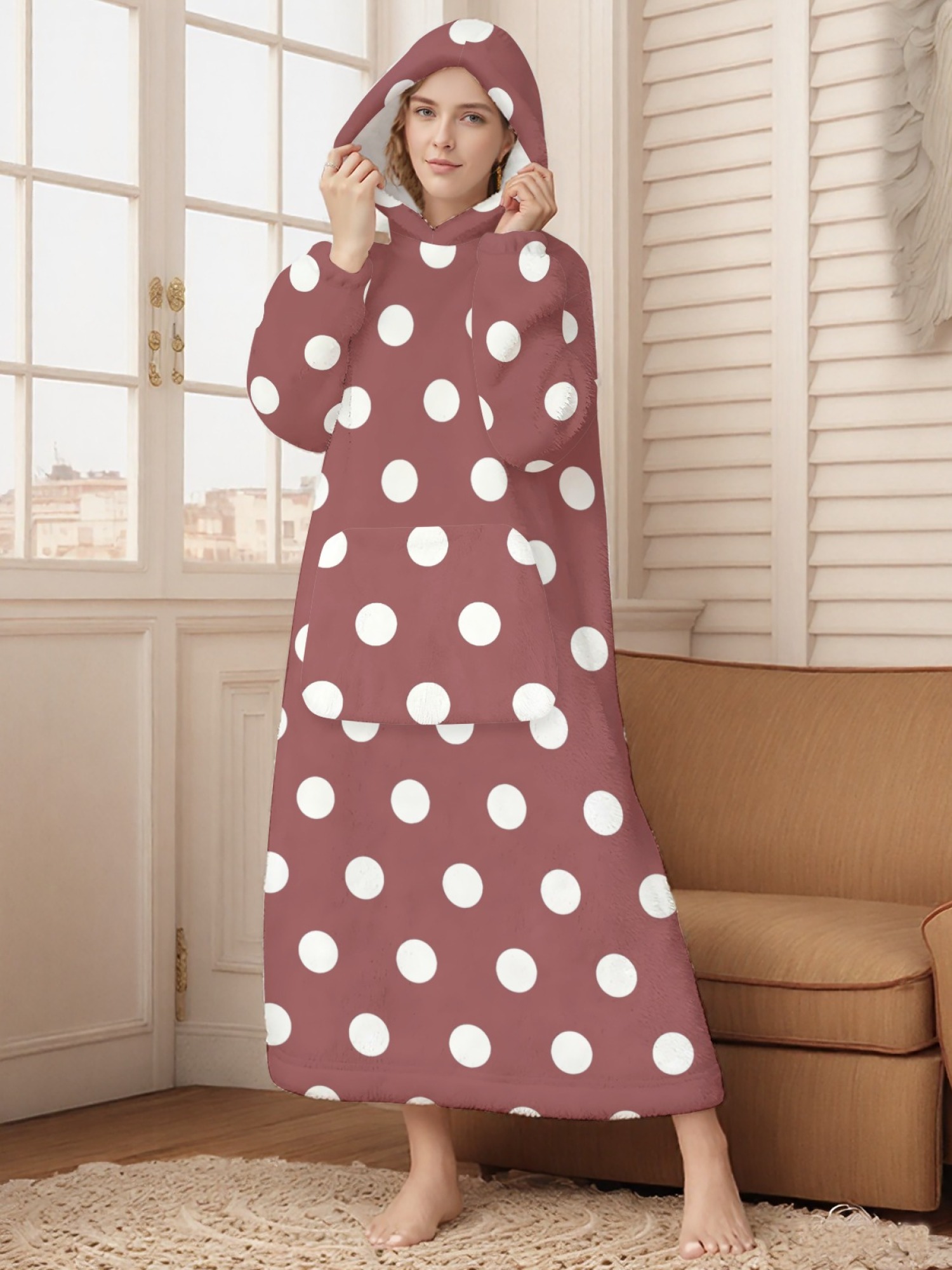 Women's Retro White Polka Dot Printed Flannel Hooded Nightgown - Soft Cozy TV Robe (9 Colors: Pink/Dusty Blue/Light Blue/Pale Blue/Burgundy/Magenta/Green/Grey/Navy)