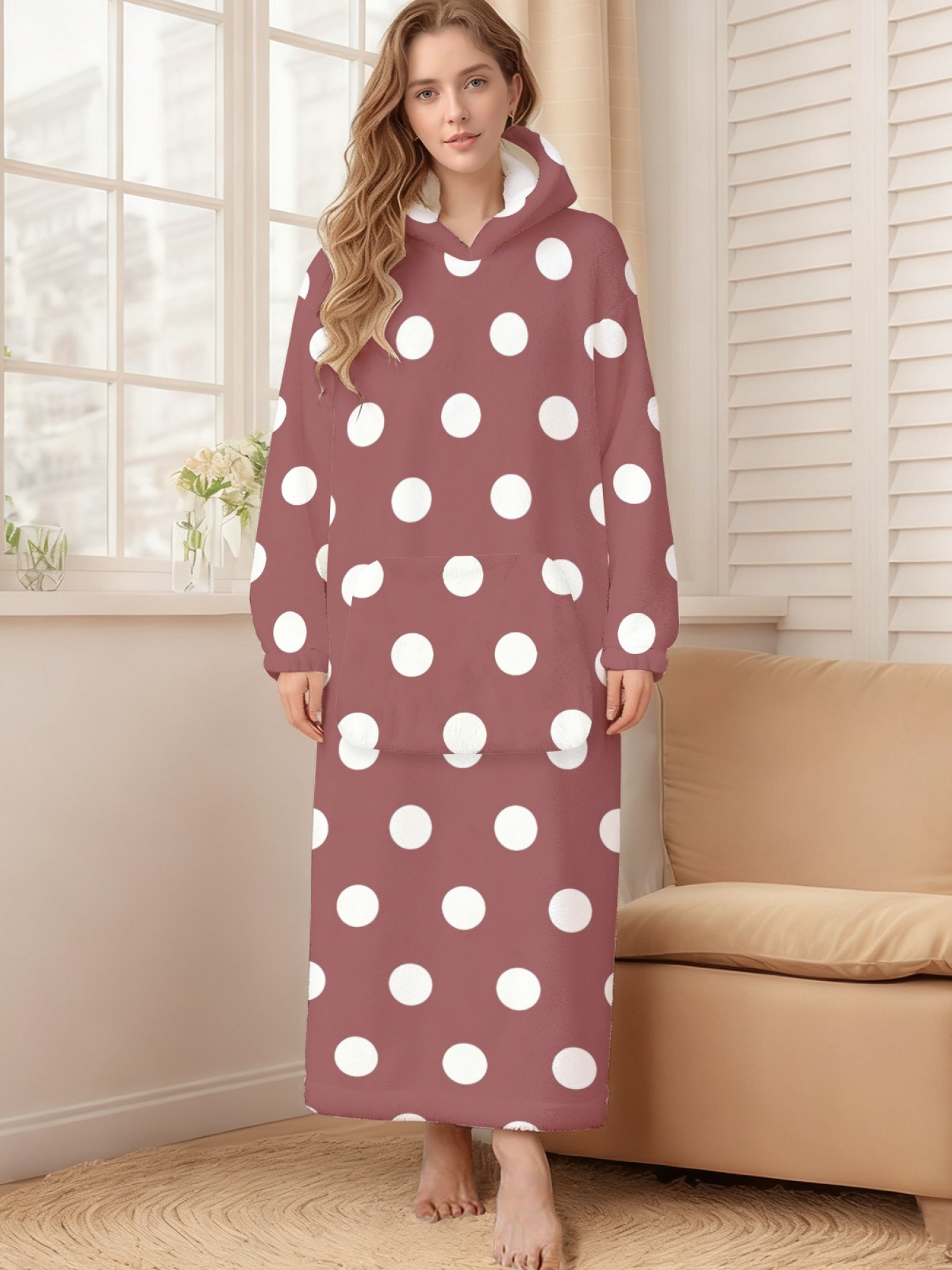 Women's Retro White Polka Dot Printed Flannel Hooded Nightgown - Soft Cozy TV Robe (9 Colors: Pink/Dusty Blue/Light Blue/Pale Blue/Burgundy/Magenta/Green/Grey/Navy)