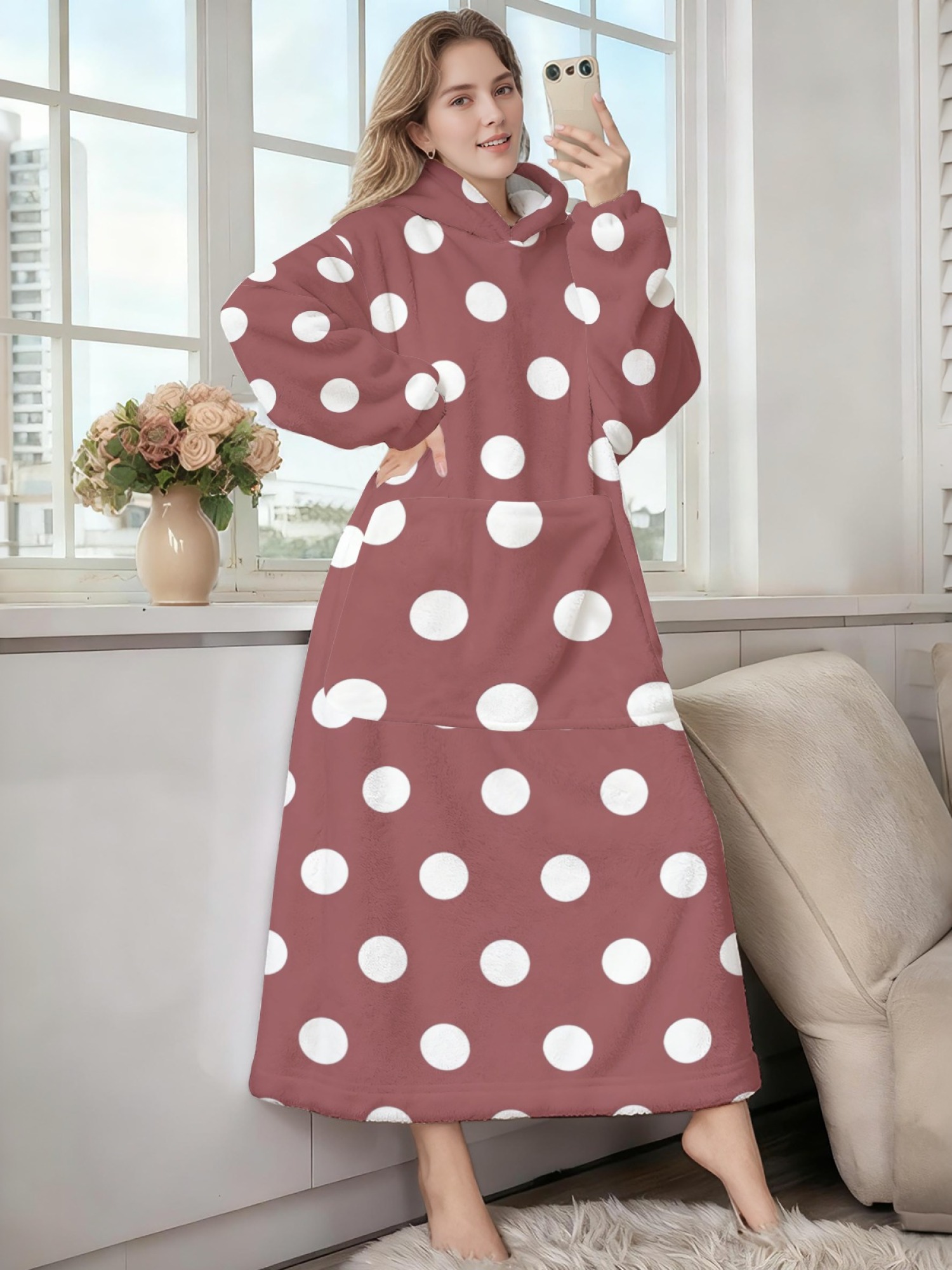 Women's Retro White Polka Dot Printed Flannel Hooded Nightgown - Soft Cozy TV Robe (9 Colors: Pink/Dusty Blue/Light Blue/Pale Blue/Burgundy/Magenta/Green/Grey/Navy)