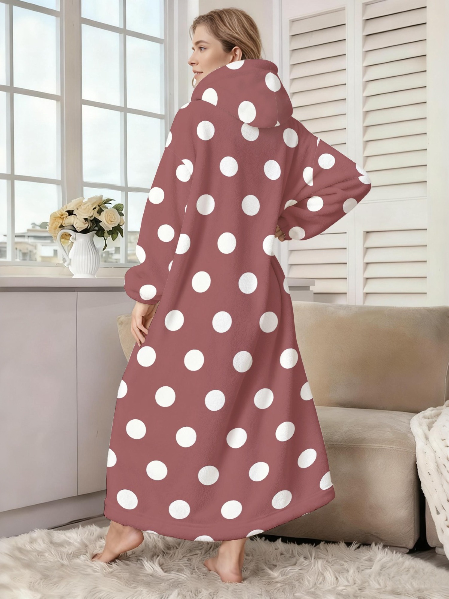 Women's Retro White Polka Dot Printed Flannel Hooded Nightgown - Soft Cozy TV Robe (9 Colors: Pink/Dusty Blue/Light Blue/Pale Blue/Burgundy/Magenta/Green/Grey/Navy)