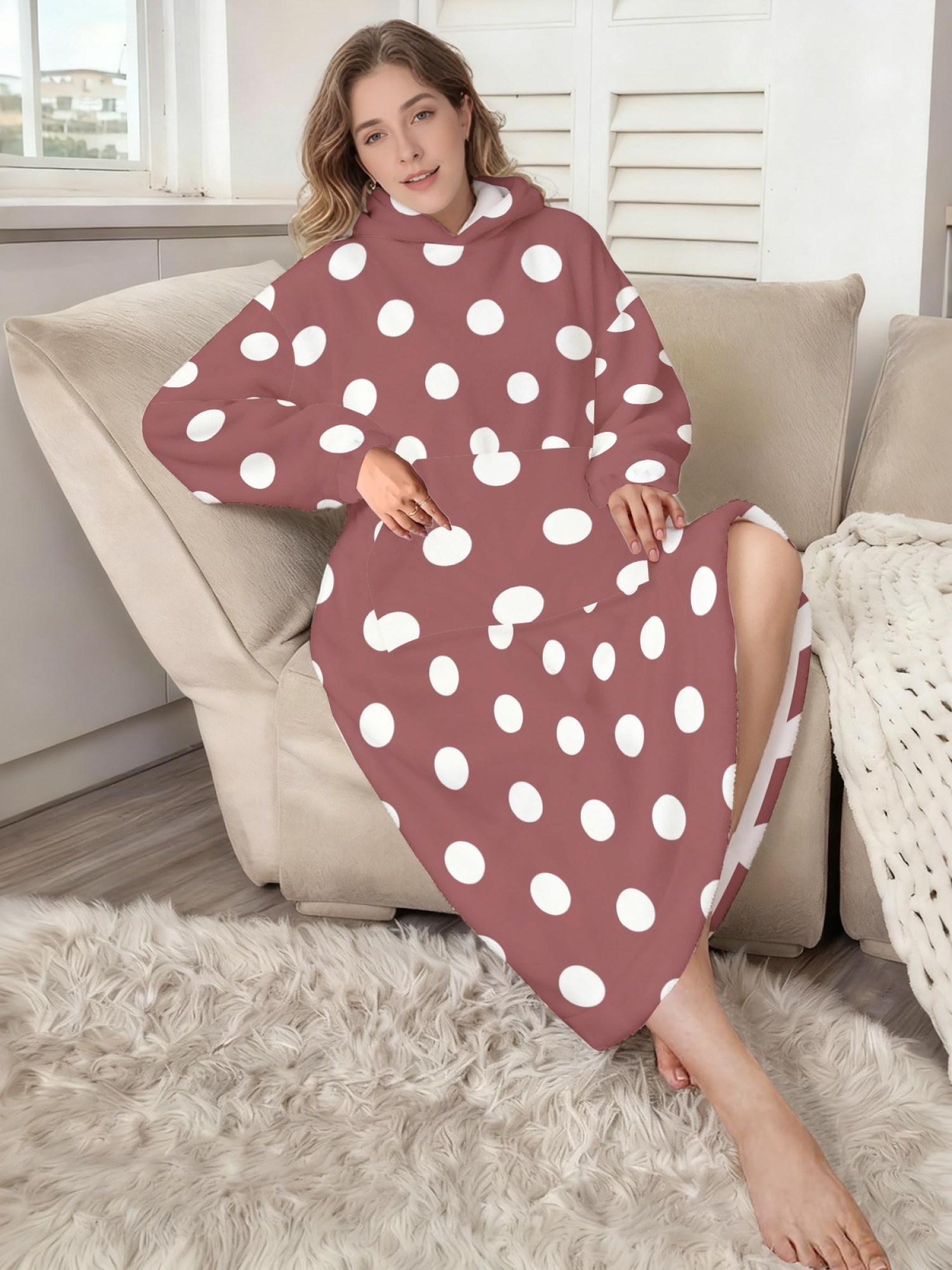 Women's Retro White Polka Dot Printed Flannel Hooded Nightgown - Soft Cozy TV Robe (9 Colors: Pink/Dusty Blue/Light Blue/Pale Blue/Burgundy/Magenta/Green/Grey/Navy)