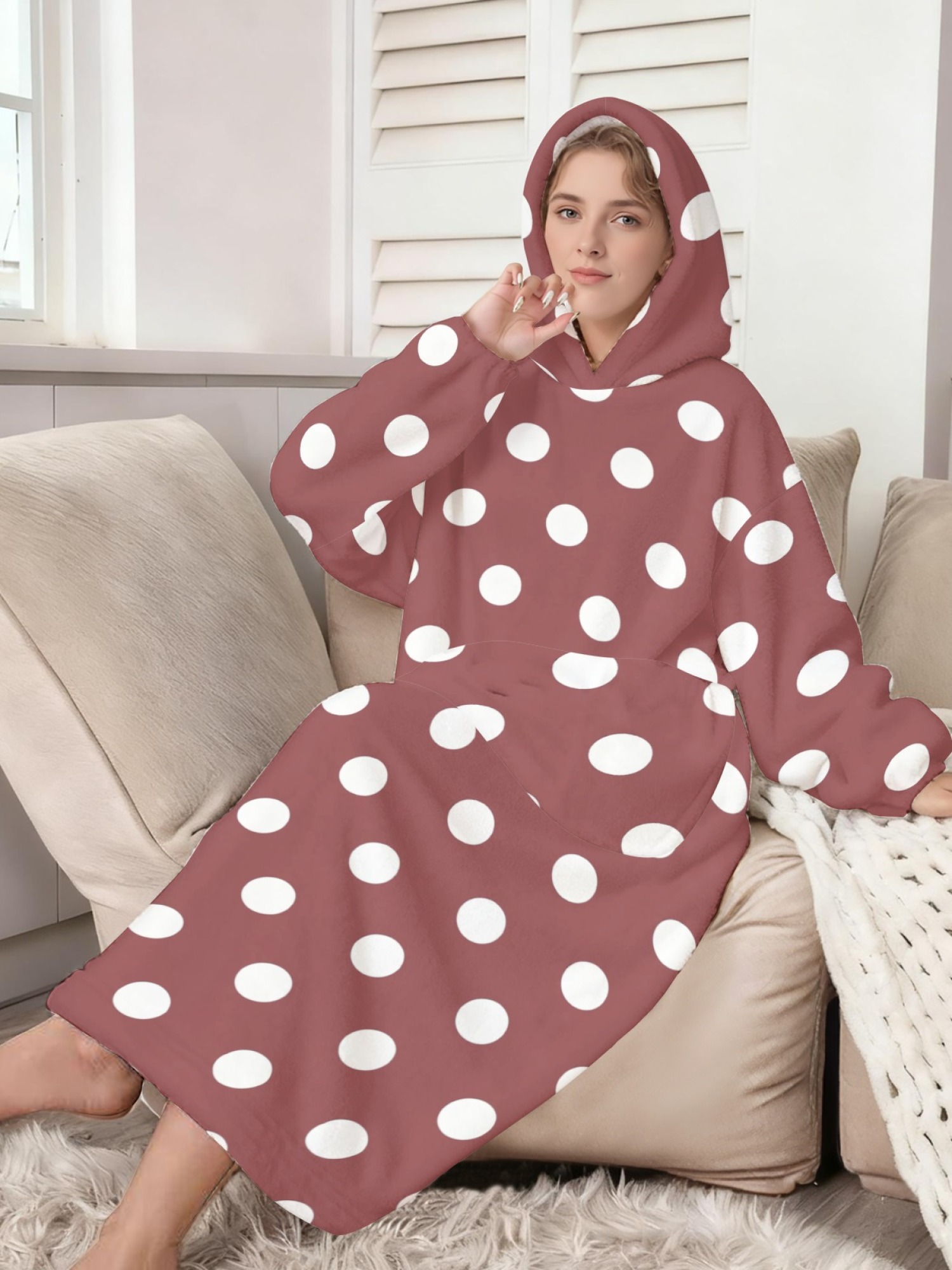 Women's Retro White Polka Dot Printed Flannel Hooded Nightgown - Soft Cozy TV Robe (9 Colors: Pink/Dusty Blue/Light Blue/Pale Blue/Burgundy/Magenta/Green/Grey/Navy)