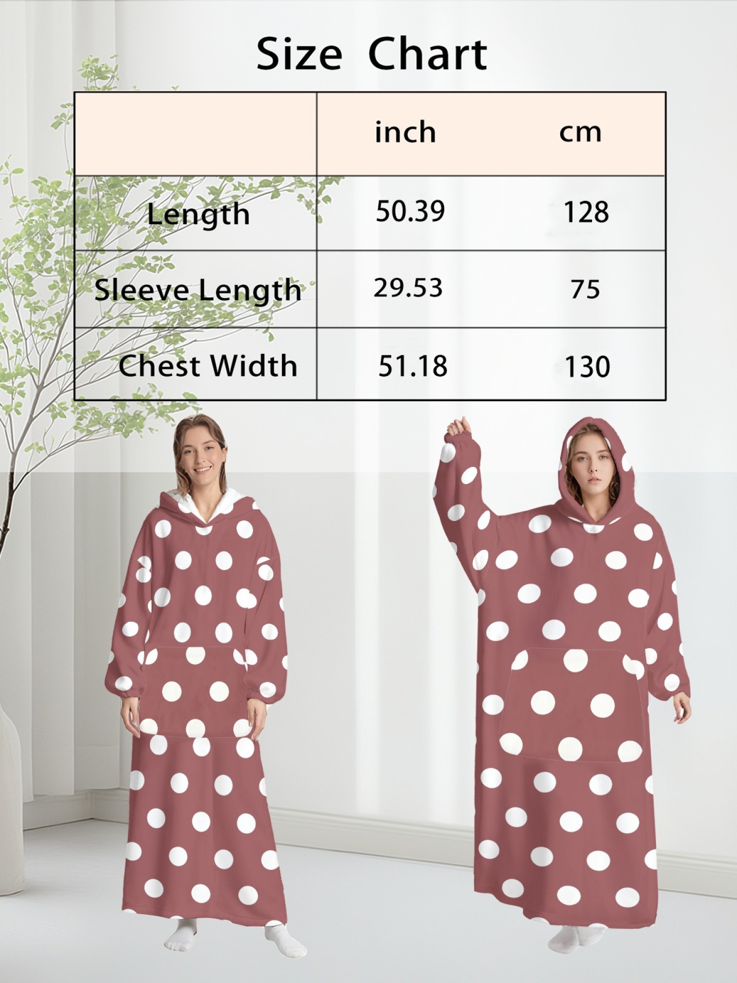Women's Retro White Polka Dot Printed Flannel Hooded Nightgown - Soft Cozy TV Robe (9 Colors: Pink/Dusty Blue/Light Blue/Pale Blue/Burgundy/Magenta/Green/Grey/Navy)