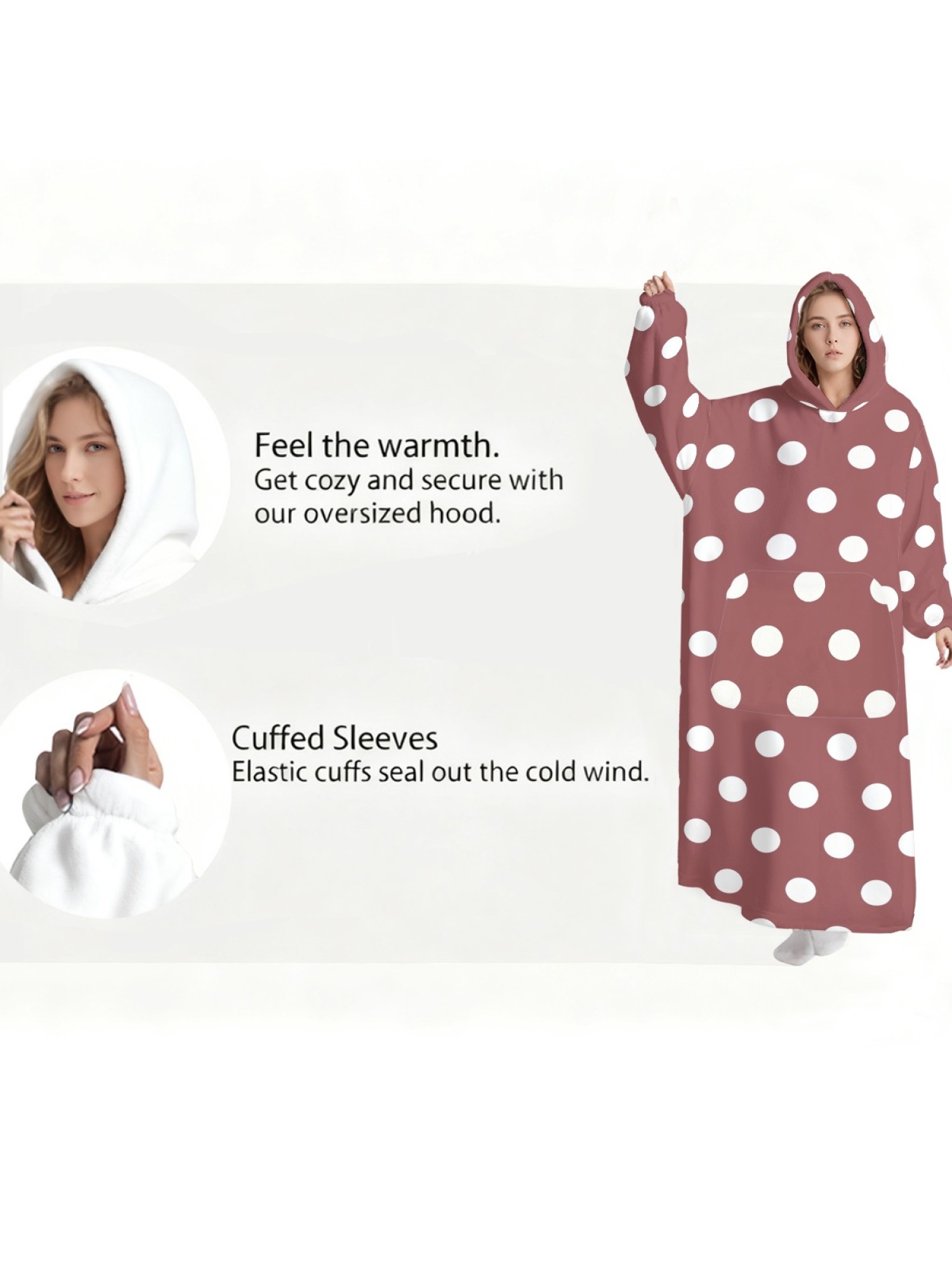 Women's Retro White Polka Dot Printed Flannel Hooded Nightgown - Soft Cozy TV Robe (9 Colors: Pink/Dusty Blue/Light Blue/Pale Blue/Burgundy/Magenta/Green/Grey/Navy)