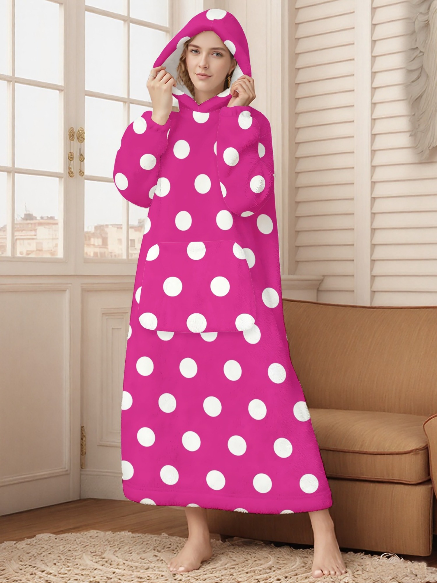 Women's Retro White Polka Dot Printed Flannel Hooded Nightgown - Soft Cozy TV Robe (9 Colors: Pink/Dusty Blue/Light Blue/Pale Blue/Burgundy/Magenta/Green/Grey/Navy)