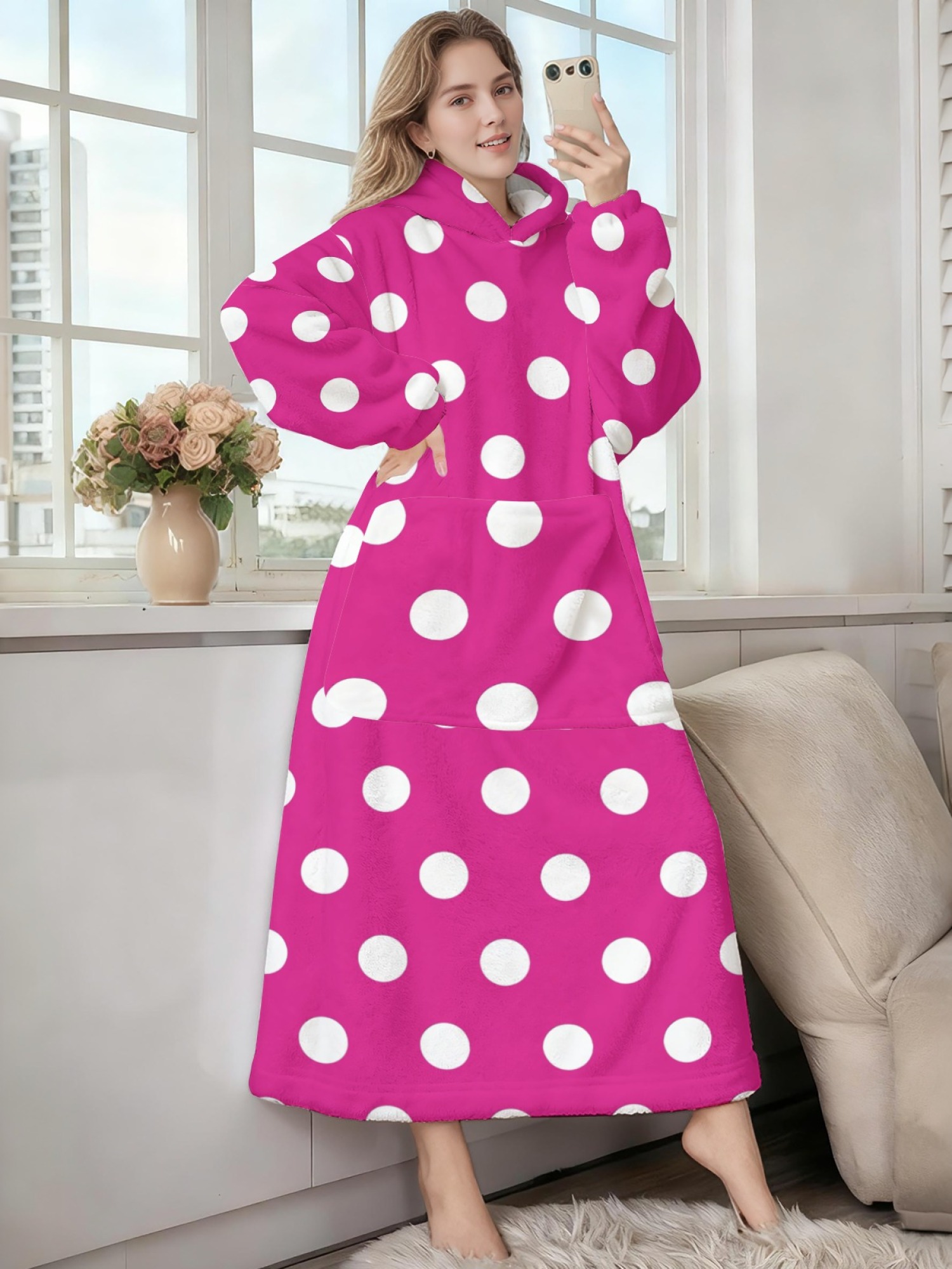 Women's Retro White Polka Dot Printed Flannel Hooded Nightgown - Soft Cozy TV Robe (9 Colors: Pink/Dusty Blue/Light Blue/Pale Blue/Burgundy/Magenta/Green/Grey/Navy)