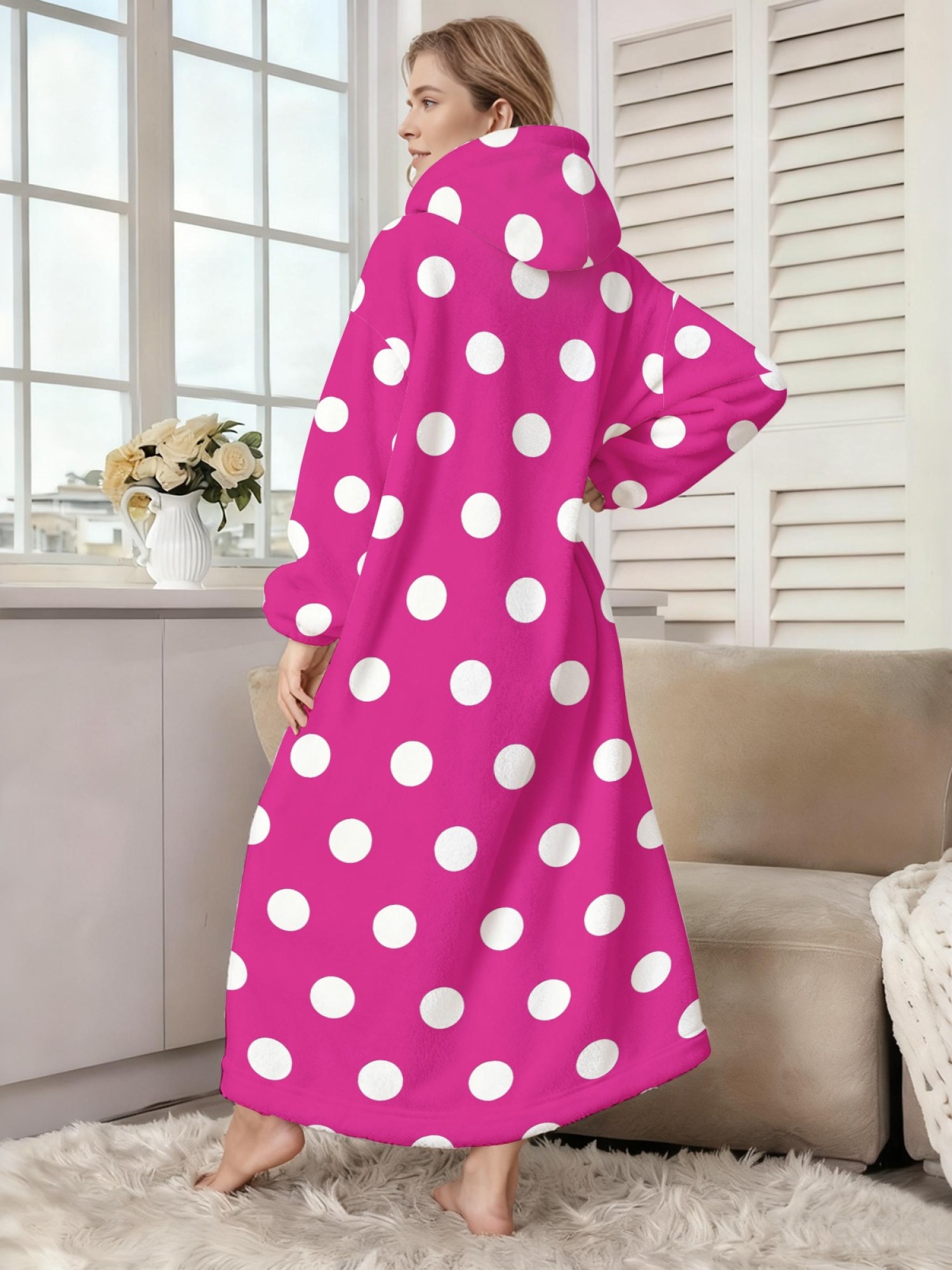 Women's Retro White Polka Dot Printed Flannel Hooded Nightgown - Soft Cozy TV Robe (9 Colors: Pink/Dusty Blue/Light Blue/Pale Blue/Burgundy/Magenta/Green/Grey/Navy)