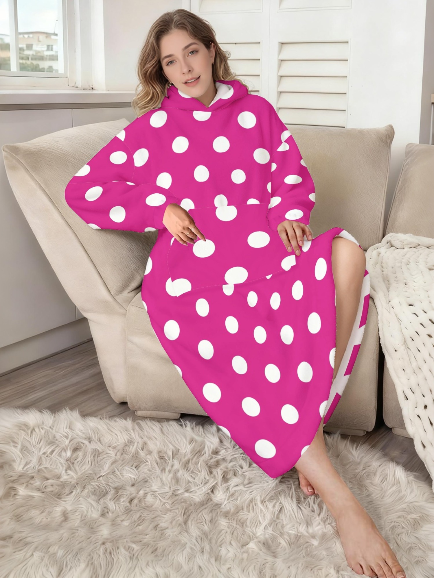 Women's Retro White Polka Dot Printed Flannel Hooded Nightgown - Soft Cozy TV Robe (9 Colors: Pink/Dusty Blue/Light Blue/Pale Blue/Burgundy/Magenta/Green/Grey/Navy)