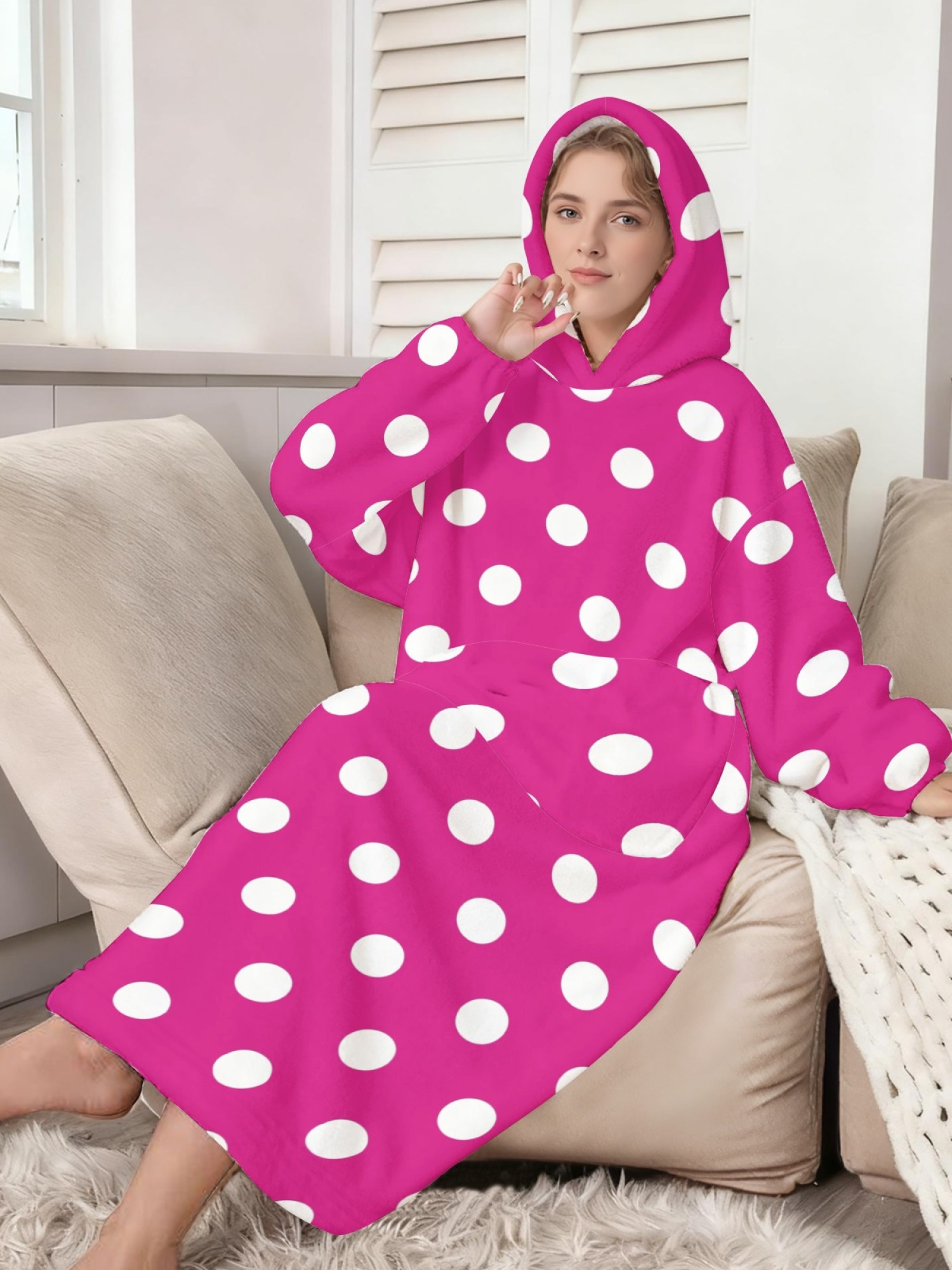 Women's Retro White Polka Dot Printed Flannel Hooded Nightgown - Soft Cozy TV Robe (9 Colors: Pink/Dusty Blue/Light Blue/Pale Blue/Burgundy/Magenta/Green/Grey/Navy)