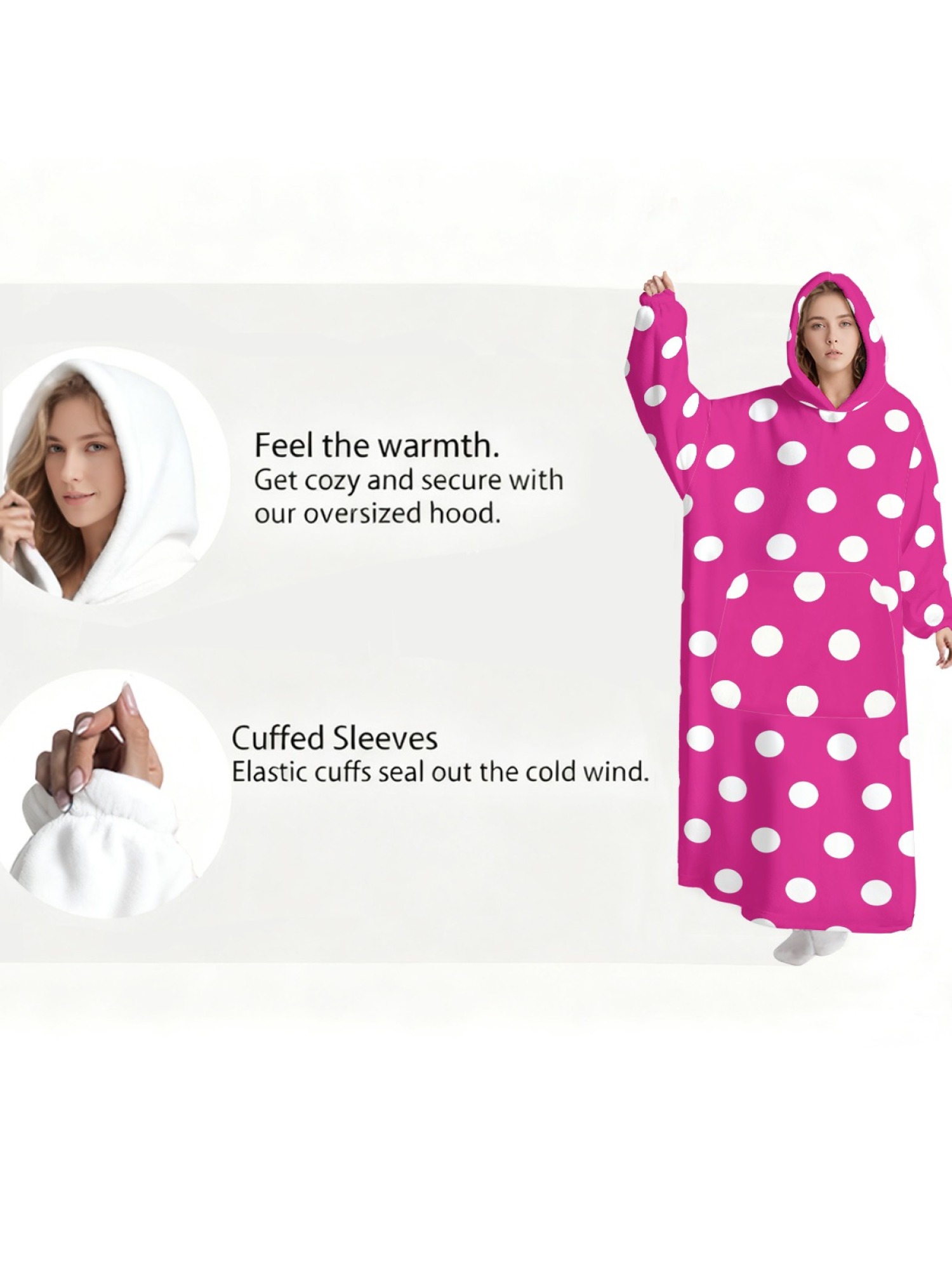 Women's Retro White Polka Dot Printed Flannel Hooded Nightgown - Soft Cozy TV Robe (9 Colors: Pink/Dusty Blue/Light Blue/Pale Blue/Burgundy/Magenta/Green/Grey/Navy)