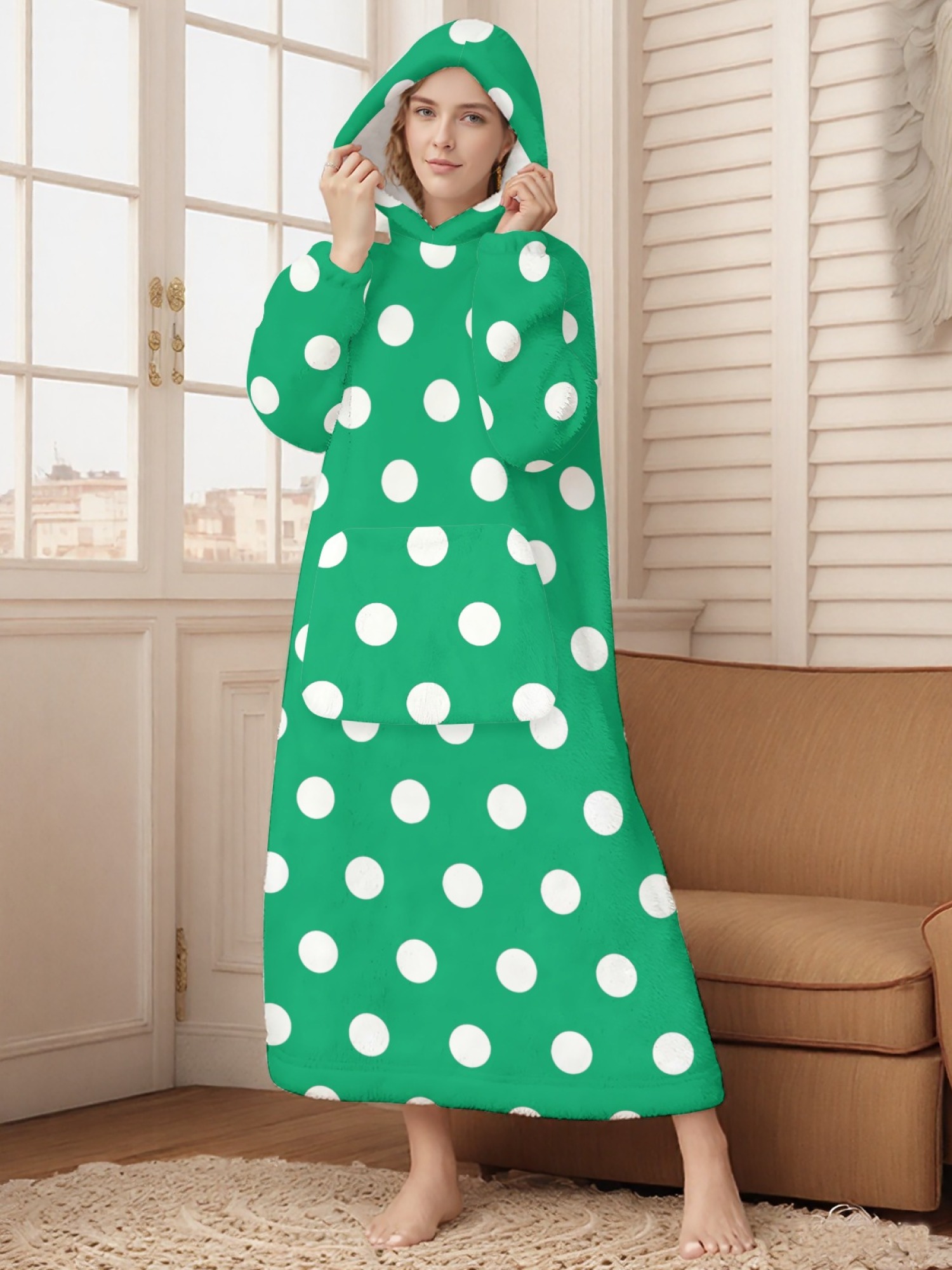 Women's Retro White Polka Dot Printed Flannel Hooded Nightgown - Soft Cozy TV Robe (9 Colors: Pink/Dusty Blue/Light Blue/Pale Blue/Burgundy/Magenta/Green/Grey/Navy)