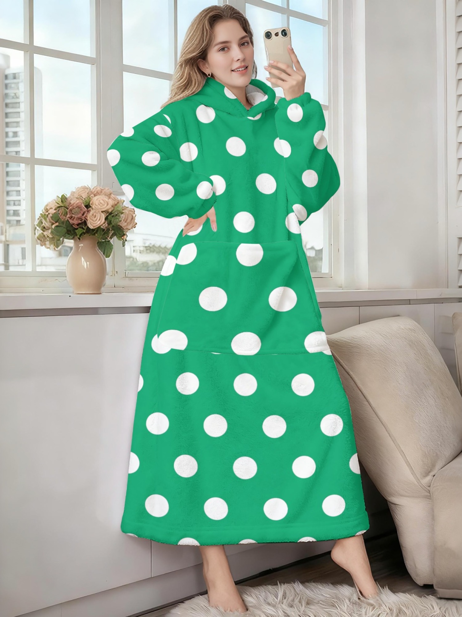 Women's Retro White Polka Dot Printed Flannel Hooded Nightgown - Soft Cozy TV Robe (9 Colors: Pink/Dusty Blue/Light Blue/Pale Blue/Burgundy/Magenta/Green/Grey/Navy)