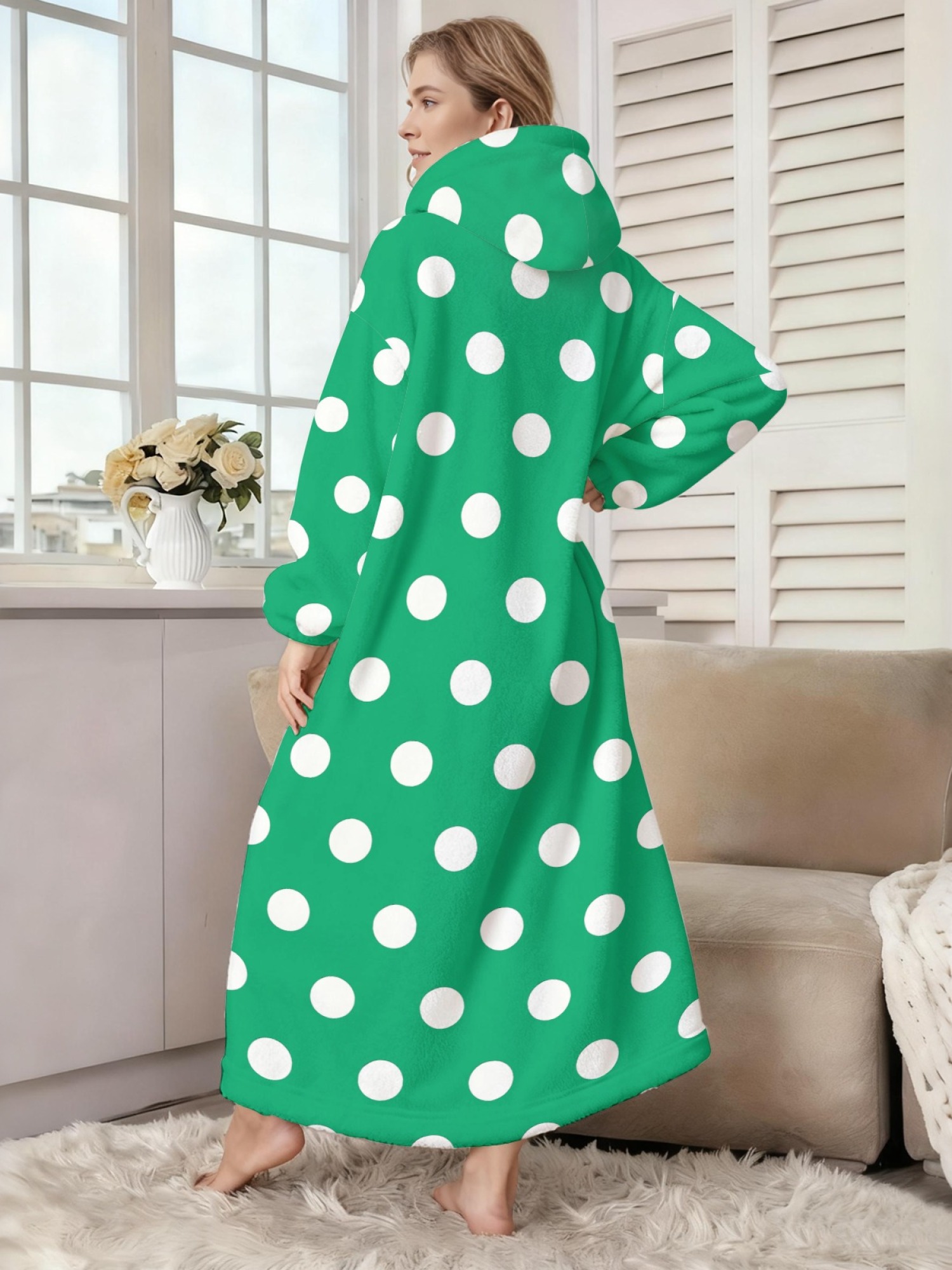 Women's Retro White Polka Dot Printed Flannel Hooded Nightgown - Soft Cozy TV Robe (9 Colors: Pink/Dusty Blue/Light Blue/Pale Blue/Burgundy/Magenta/Green/Grey/Navy)
