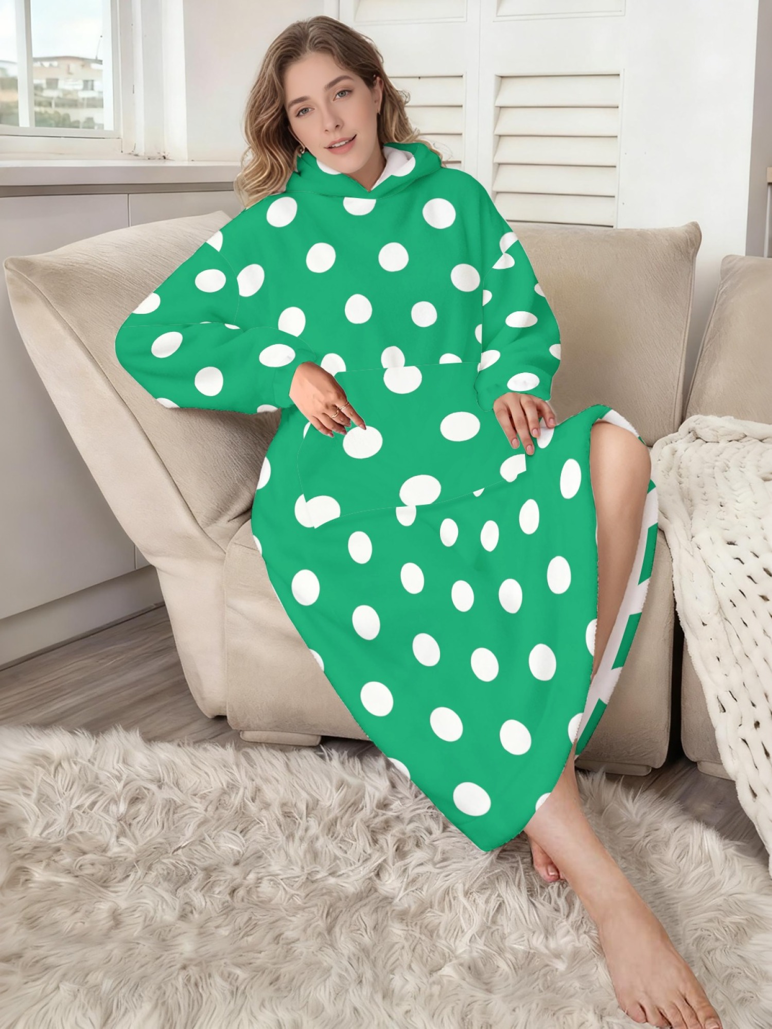 Women's Retro White Polka Dot Printed Flannel Hooded Nightgown - Soft Cozy TV Robe (9 Colors: Pink/Dusty Blue/Light Blue/Pale Blue/Burgundy/Magenta/Green/Grey/Navy)