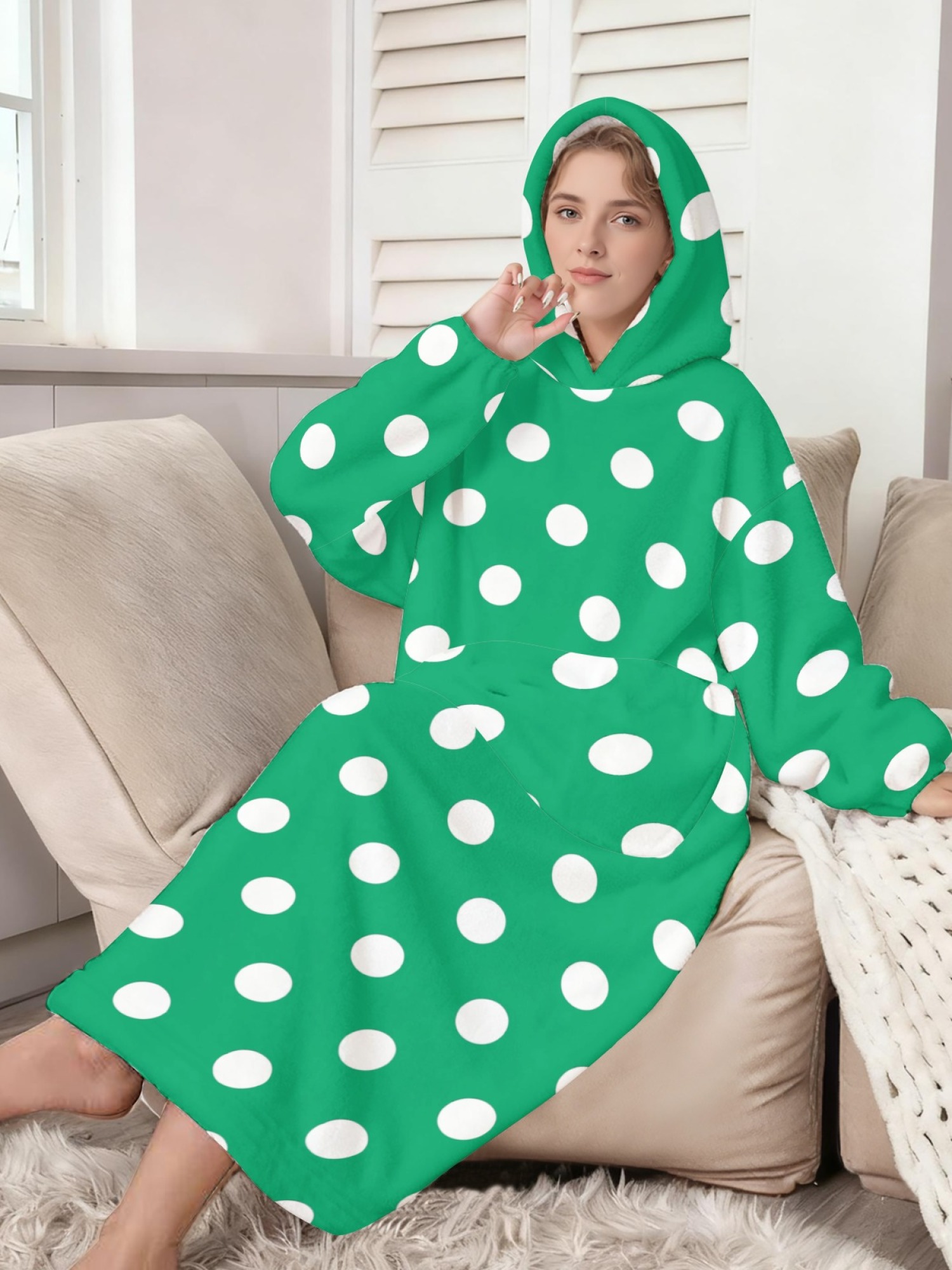 Women's Retro White Polka Dot Printed Flannel Hooded Nightgown - Soft Cozy TV Robe (9 Colors: Pink/Dusty Blue/Light Blue/Pale Blue/Burgundy/Magenta/Green/Grey/Navy)