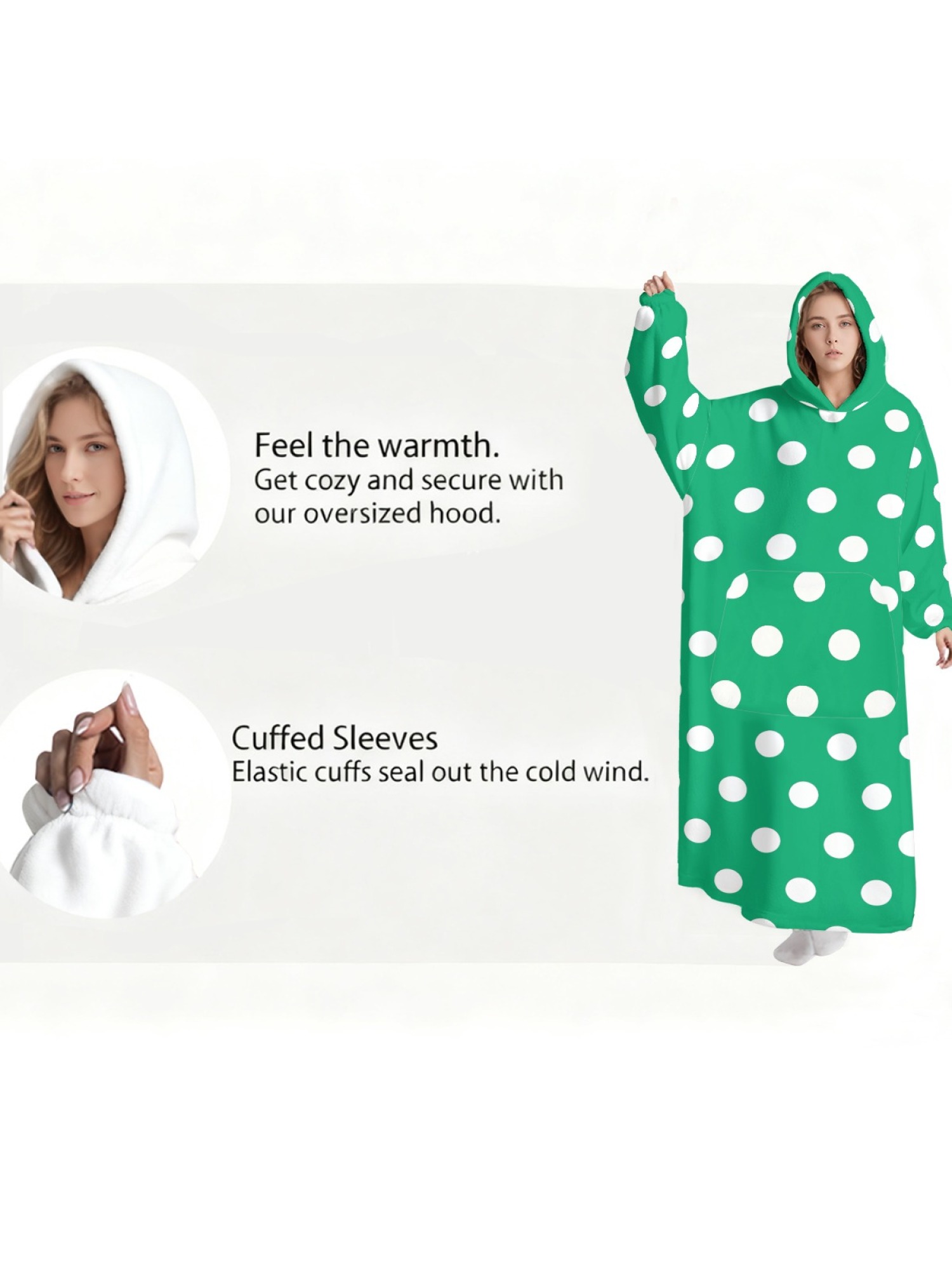 Women's Retro White Polka Dot Printed Flannel Hooded Nightgown - Soft Cozy TV Robe (9 Colors: Pink/Dusty Blue/Light Blue/Pale Blue/Burgundy/Magenta/Green/Grey/Navy)