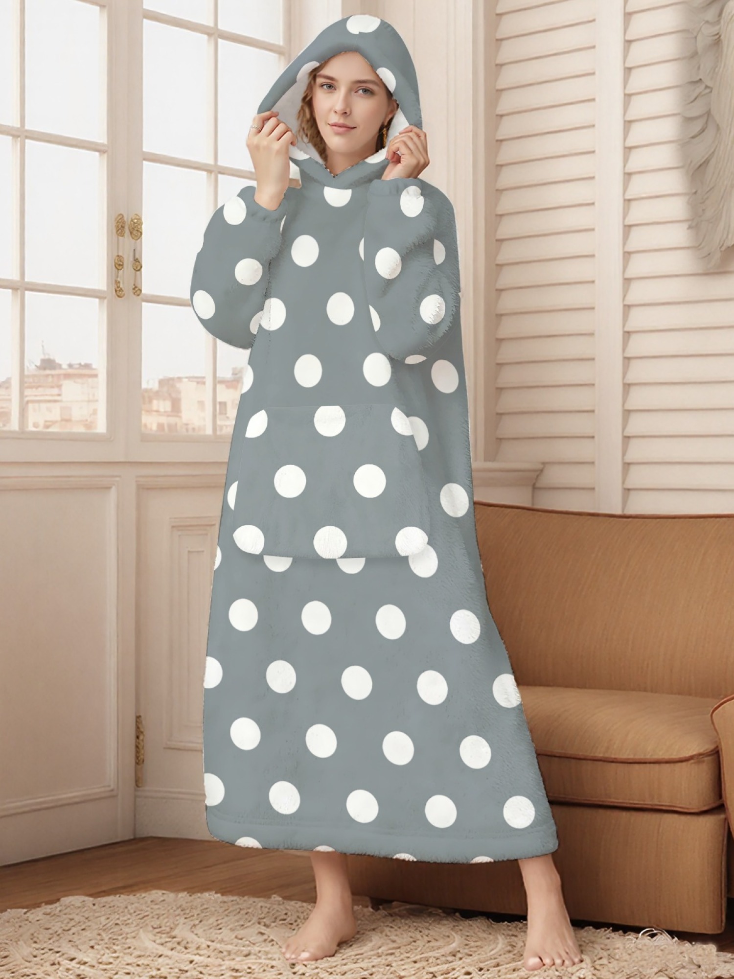 Women's Retro White Polka Dot Printed Flannel Hooded Nightgown - Soft Cozy TV Robe (9 Colors: Pink/Dusty Blue/Light Blue/Pale Blue/Burgundy/Magenta/Green/Grey/Navy)