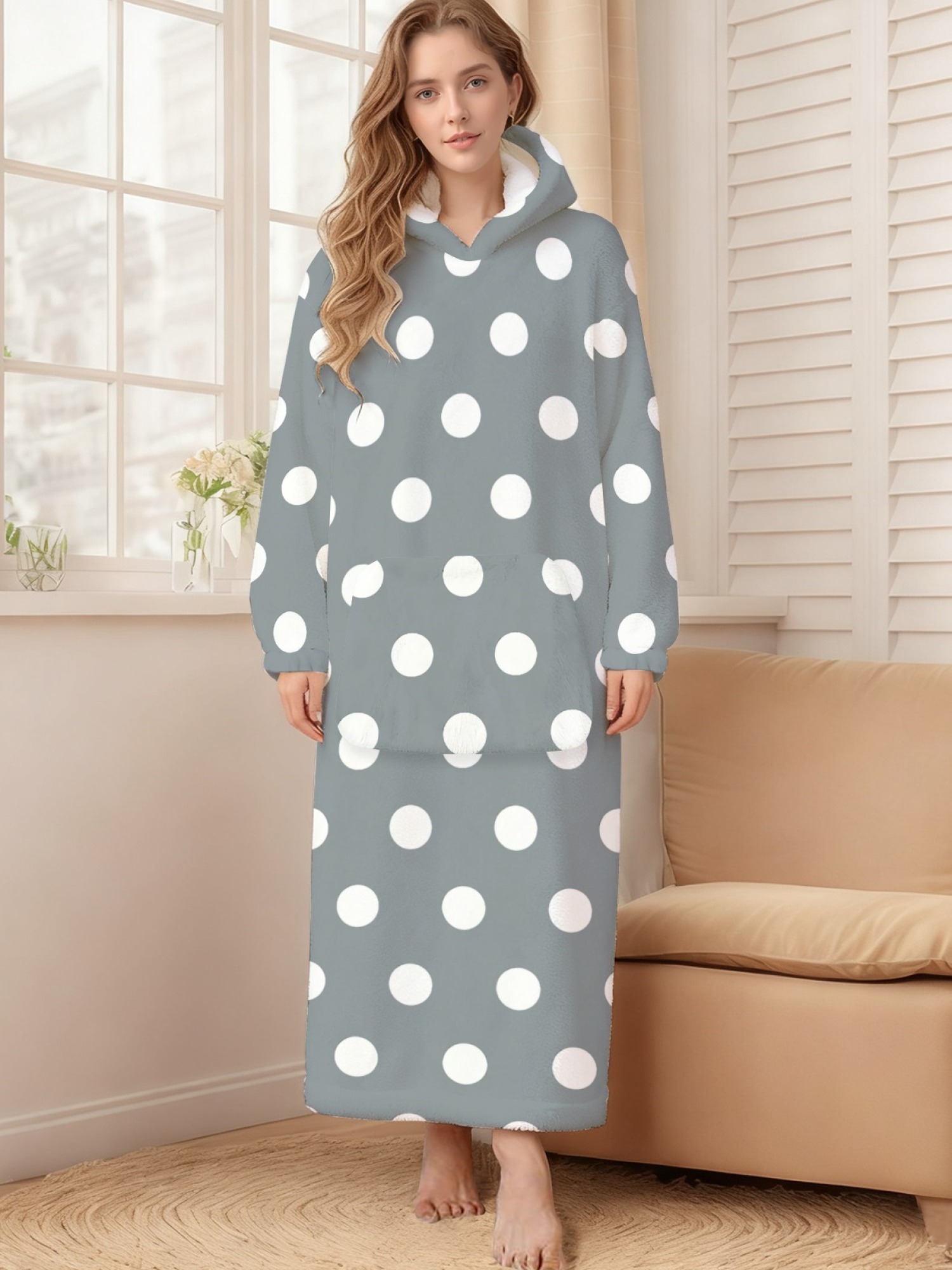Women's Retro White Polka Dot Printed Flannel Hooded Nightgown - Soft Cozy TV Robe (9 Colors: Pink/Dusty Blue/Light Blue/Pale Blue/Burgundy/Magenta/Green/Grey/Navy)