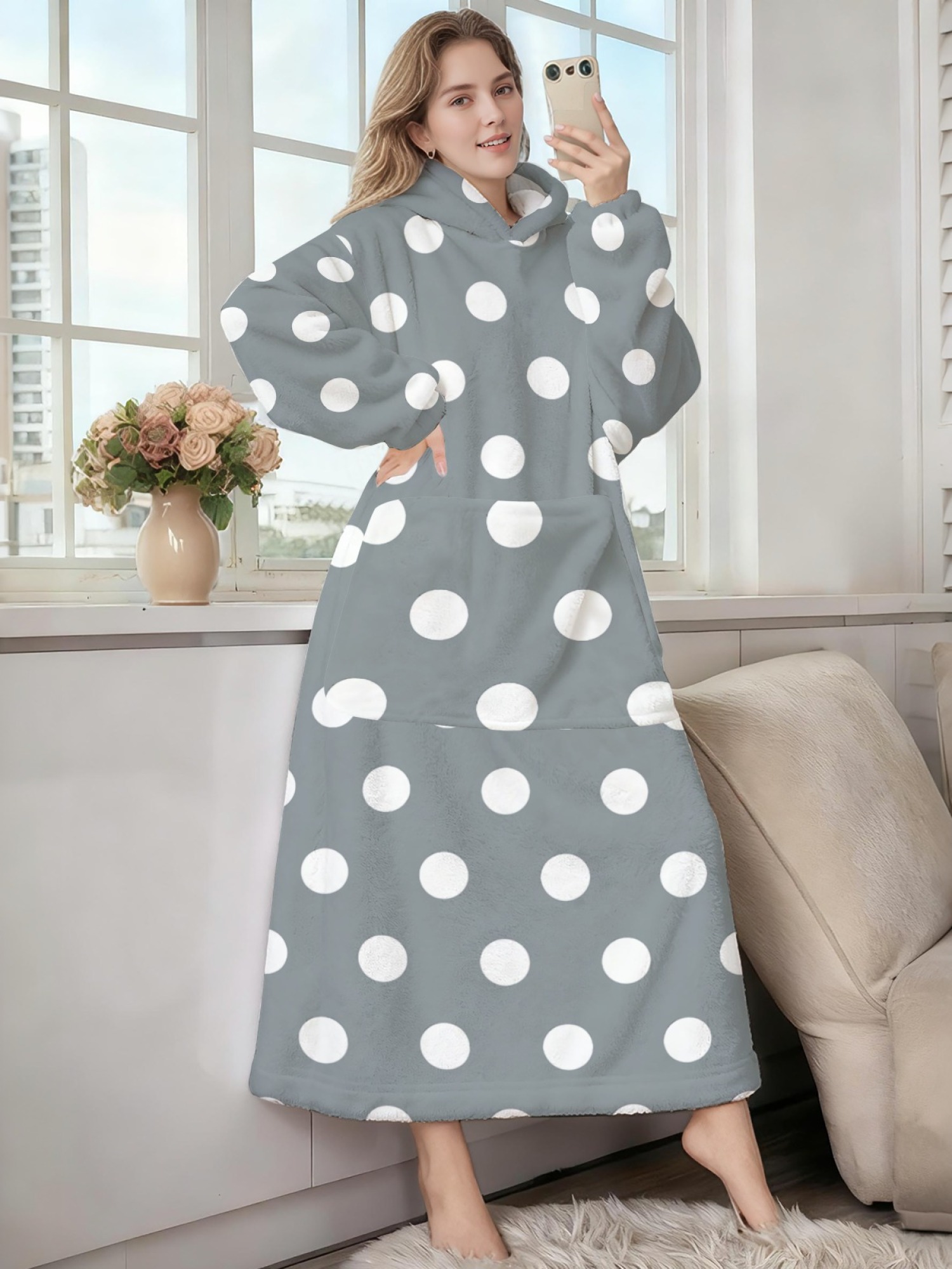 Women's Retro White Polka Dot Printed Flannel Hooded Nightgown - Soft Cozy TV Robe (9 Colors: Pink/Dusty Blue/Light Blue/Pale Blue/Burgundy/Magenta/Green/Grey/Navy)