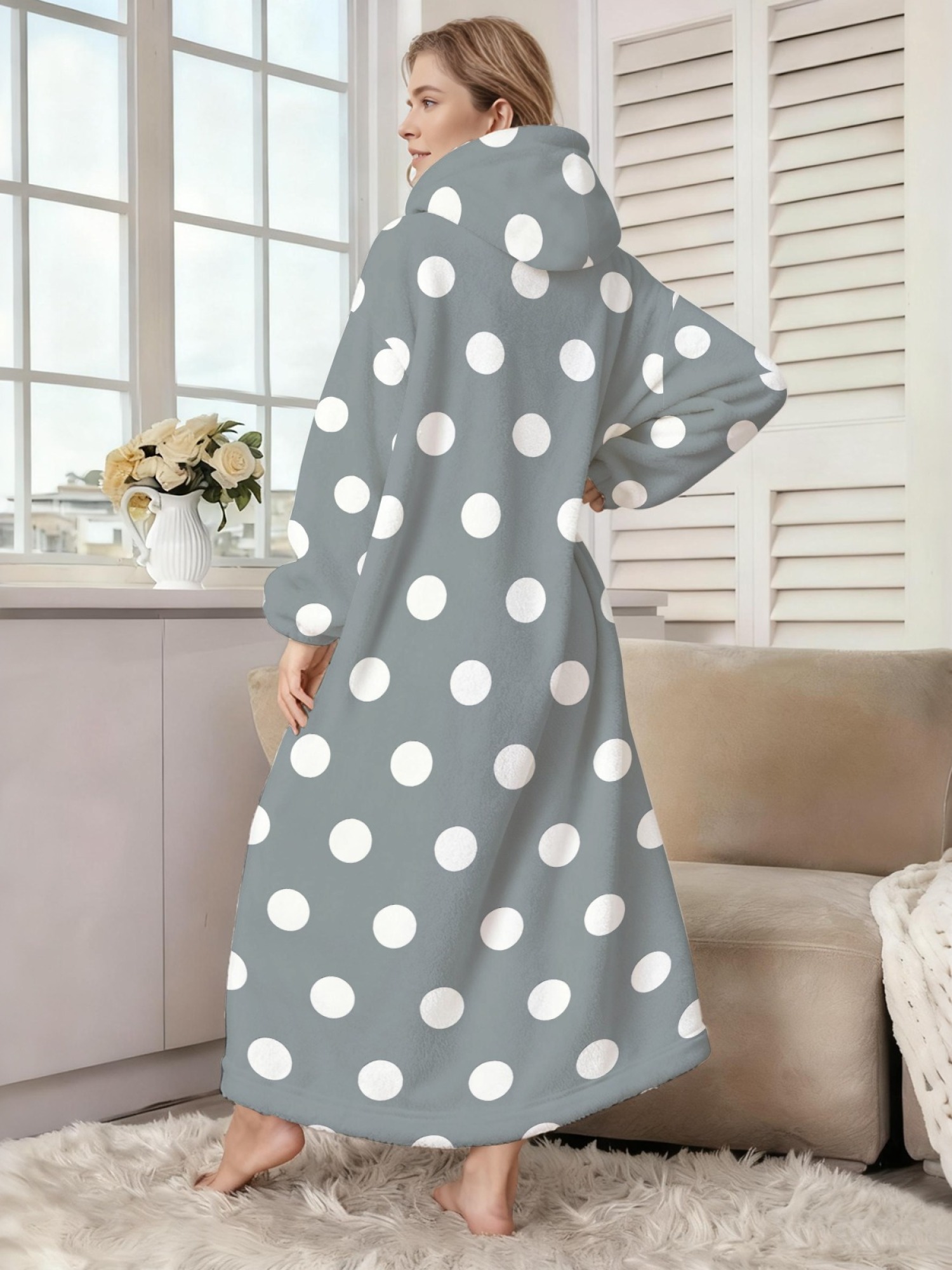 Women's Retro White Polka Dot Printed Flannel Hooded Nightgown - Soft Cozy TV Robe (9 Colors: Pink/Dusty Blue/Light Blue/Pale Blue/Burgundy/Magenta/Green/Grey/Navy)