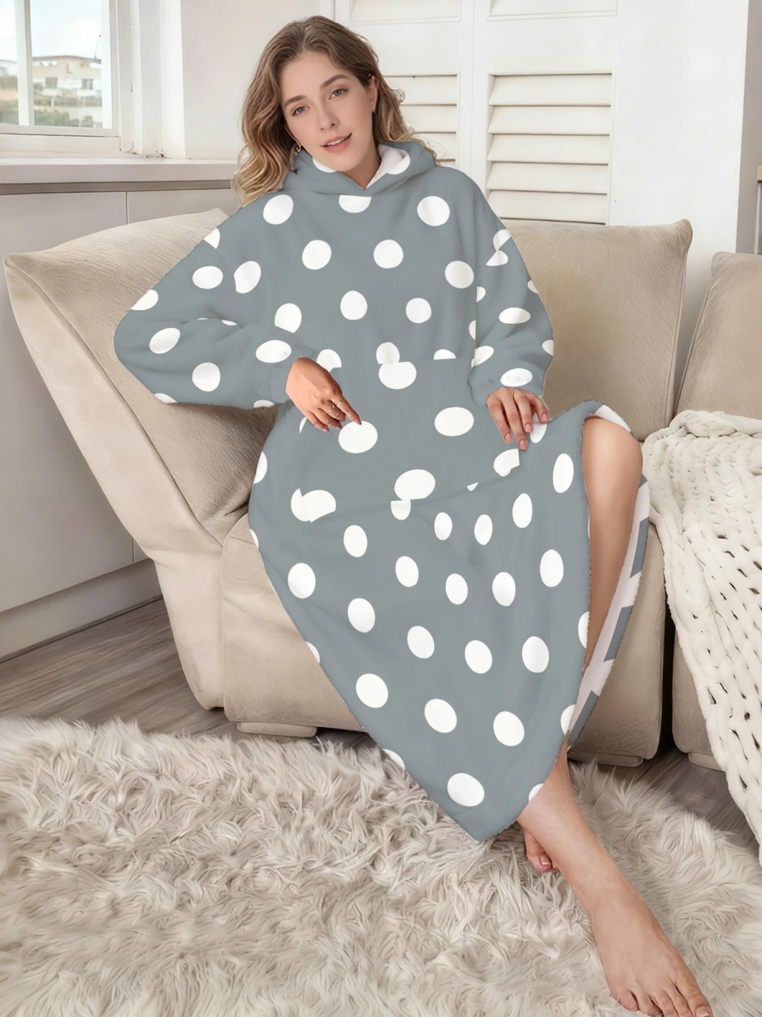 Women's Retro White Polka Dot Printed Flannel Hooded Nightgown - Soft Cozy TV Robe (9 Colors: Pink/Dusty Blue/Light Blue/Pale Blue/Burgundy/Magenta/Green/Grey/Navy)