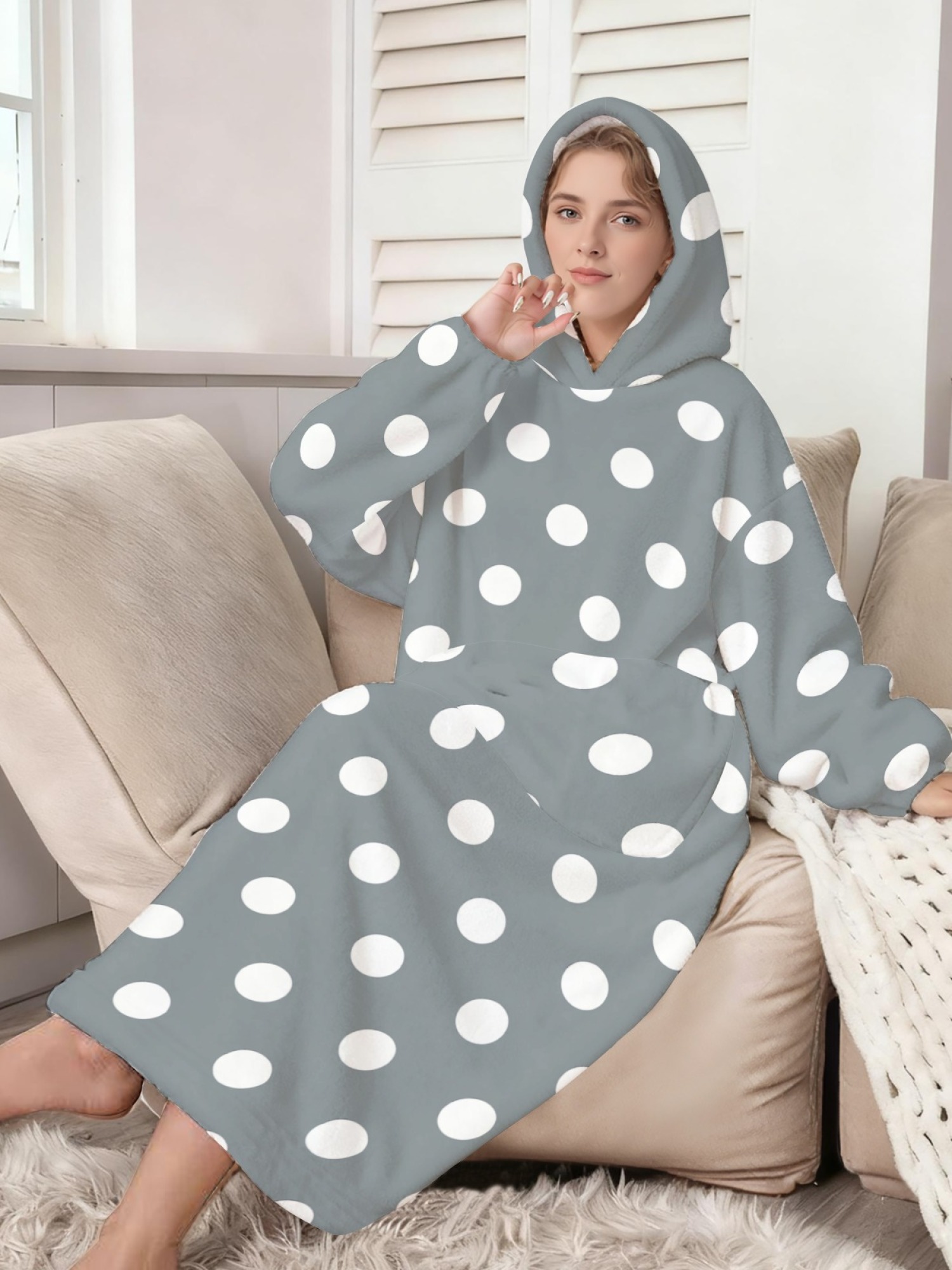 Women's Retro White Polka Dot Printed Flannel Hooded Nightgown - Soft Cozy TV Robe (9 Colors: Pink/Dusty Blue/Light Blue/Pale Blue/Burgundy/Magenta/Green/Grey/Navy)